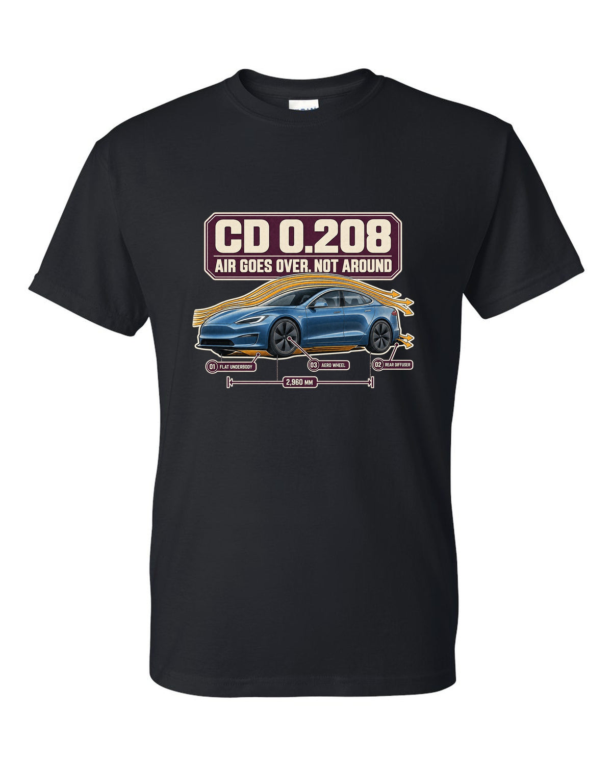 Aero callout print of a Tesla Model S Plaid with drag coefficient 0.208 black t-shirt front view with the design