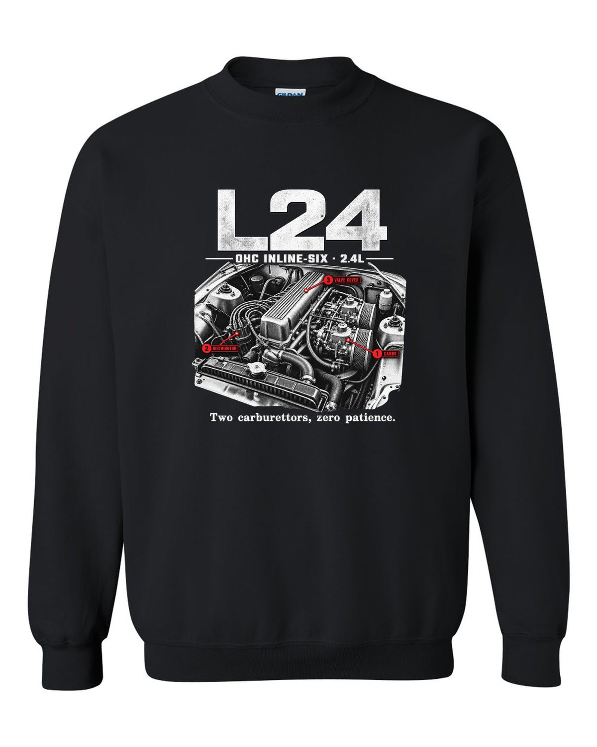 Engine bay print of a Datsun 240Z S30 L24 inline-six with carburettors black crewneck front view with the design