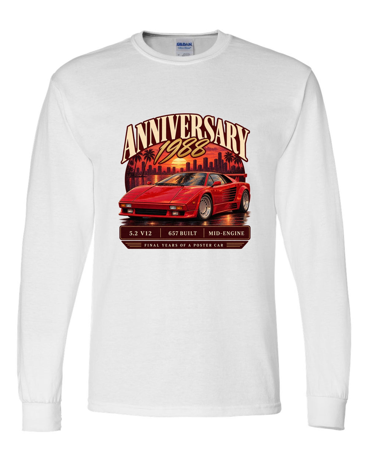 Archive panel print of a Lamborghini Countach 25th Anniversary with 657 built text white long sleeve front view with the design