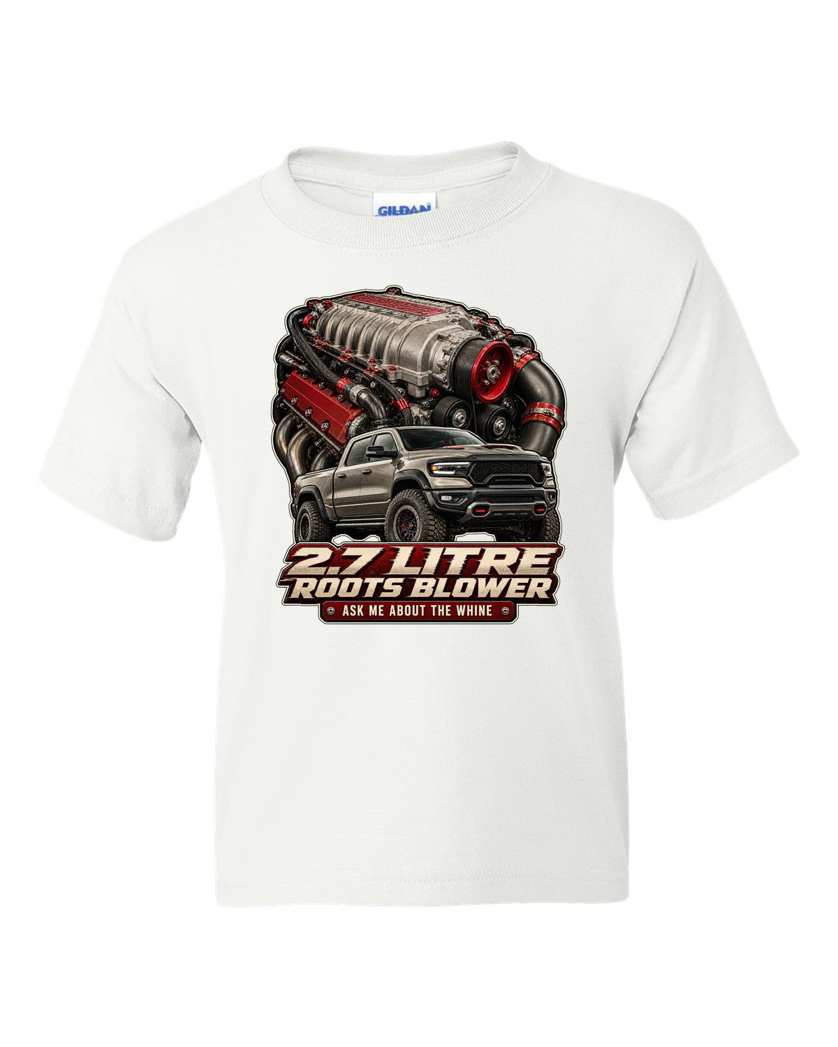 Ram 1500 TRX 2.7 litre Roots supercharger engine poster print white kids tee front view with the design