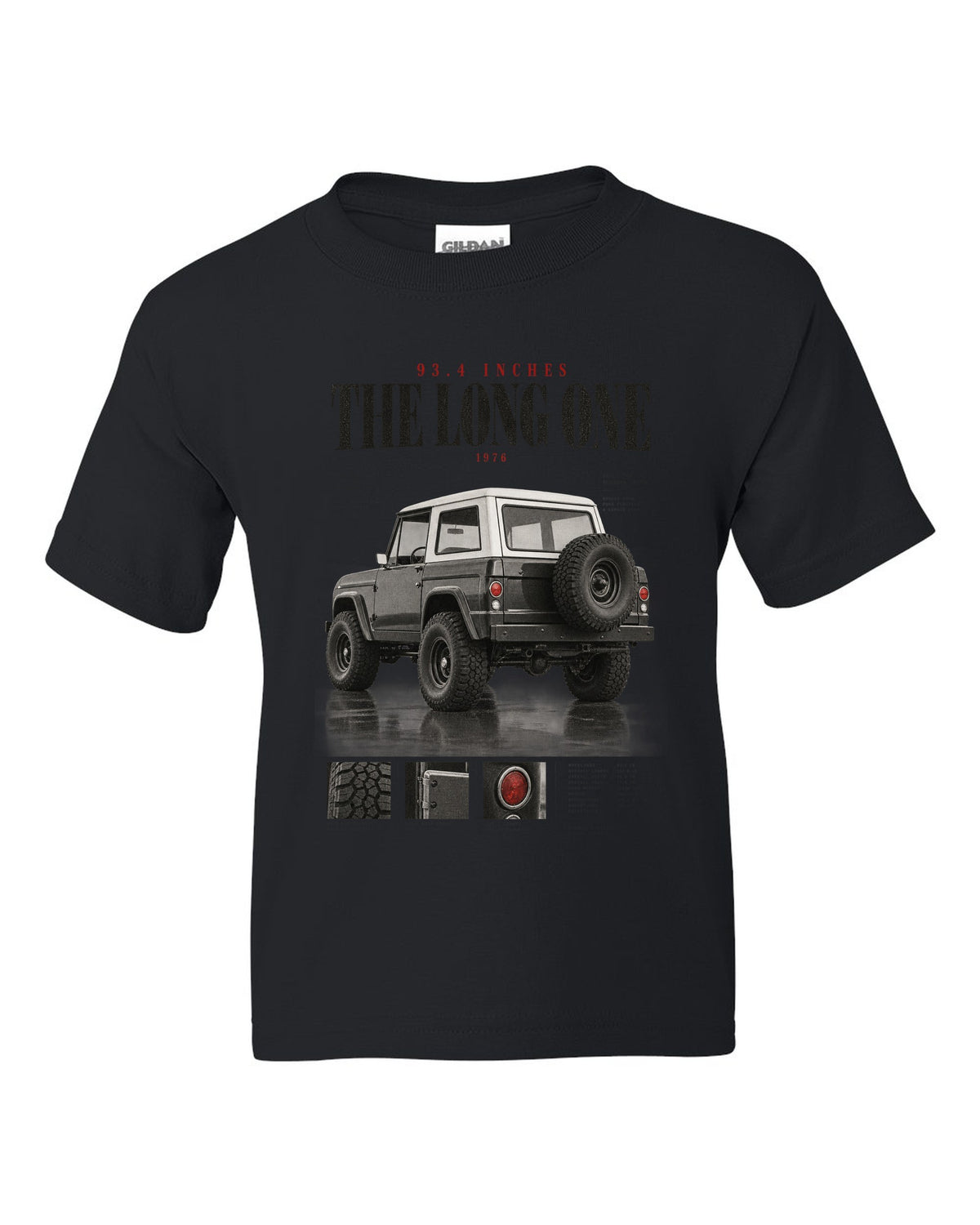 Editorial headline print for the Jeep CJ-7, 93.4 Inches The Long One black kids tee front view with the design