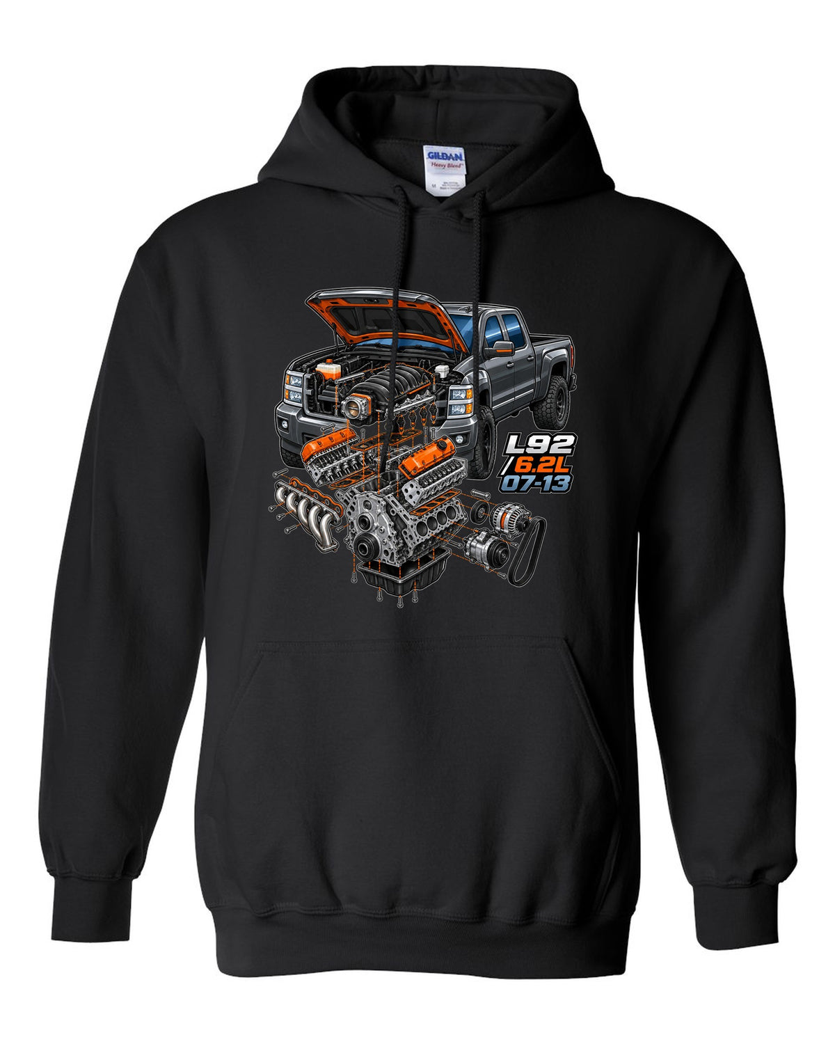 Isometric exploded engine cutaway print for a 2007-2013 Chevrolet Silverado GMT900 with L92 6.2L text black pull over hoodie front view with the design