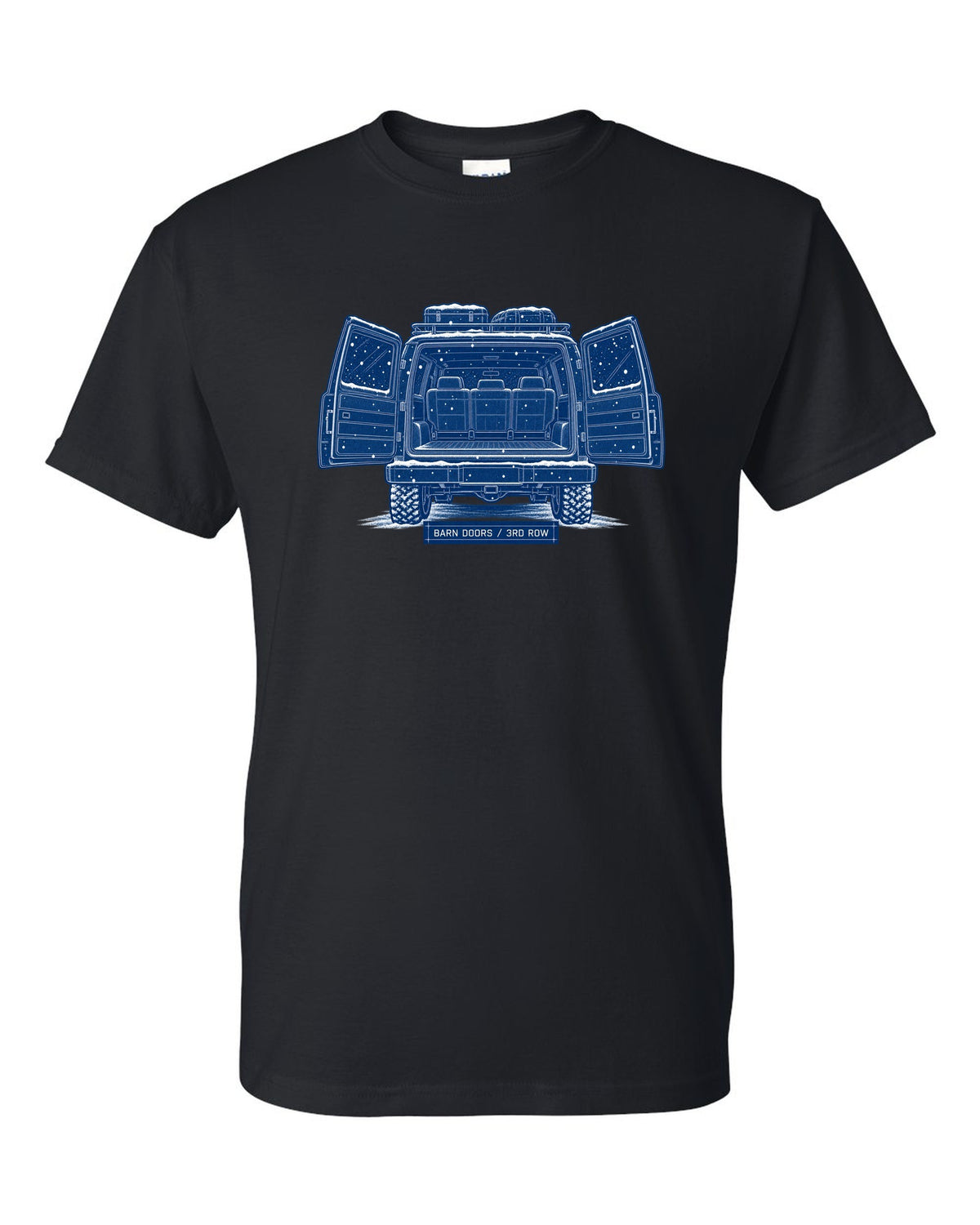 Cyanotype blueprint print of a 1992-1999 Chevrolet Suburban GMT400 with Barn Doors and 3rd Row text black t-shirt front view with the design