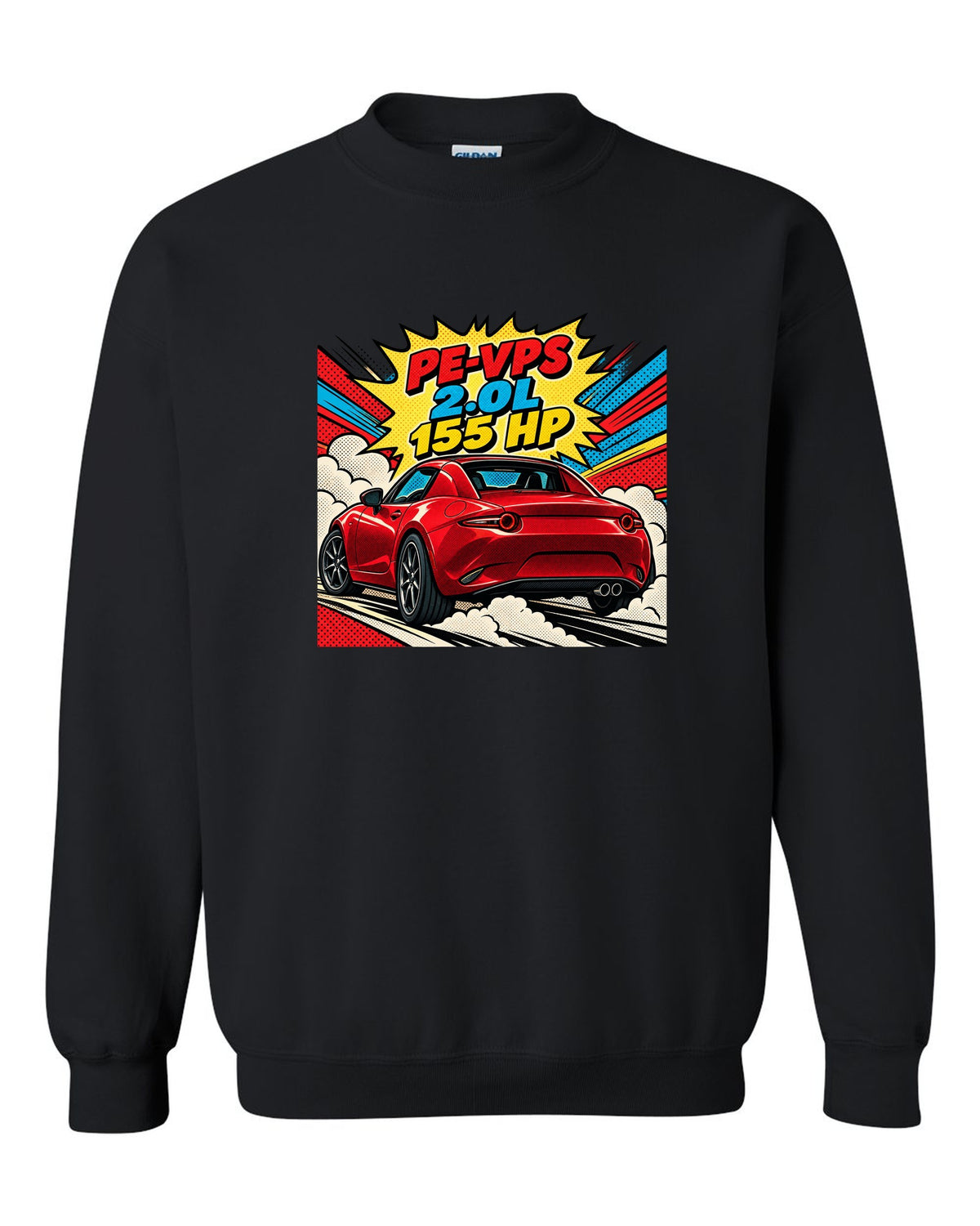 Comic halftone pop art Mazda MX-5 ND RF with PE-VPS 2.0L 155 HP spec line black crewneck front view with the design