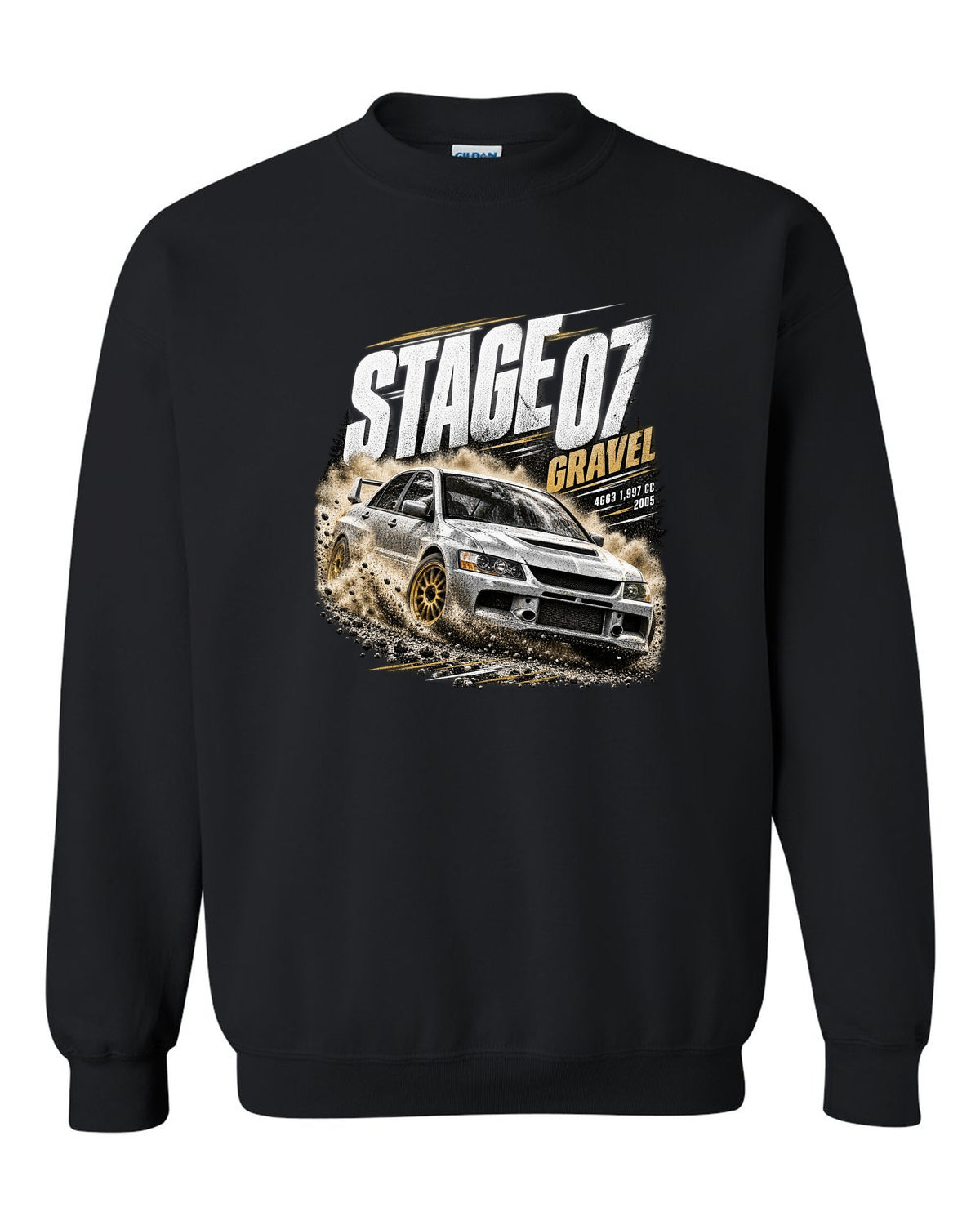 Rally poster print of a Mitsubishi Lancer Evolution IX CT9A on gravel black crewneck front view with the design