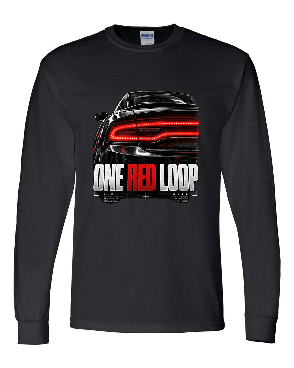 Macro print of a 2015 Dodge Charger LX/LD red LED ring taillight black long sleeve front view with the design