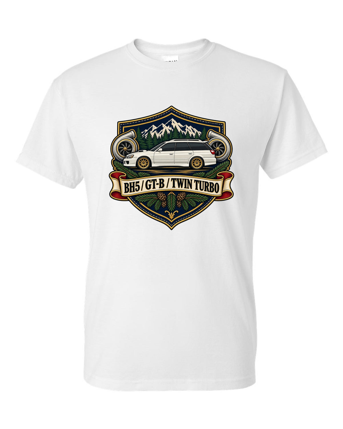 Subaru Legacy BH5 GT-B wagon shield crest print, BH5 / GT-B / TWIN TURBO white t-shirt front view with the design