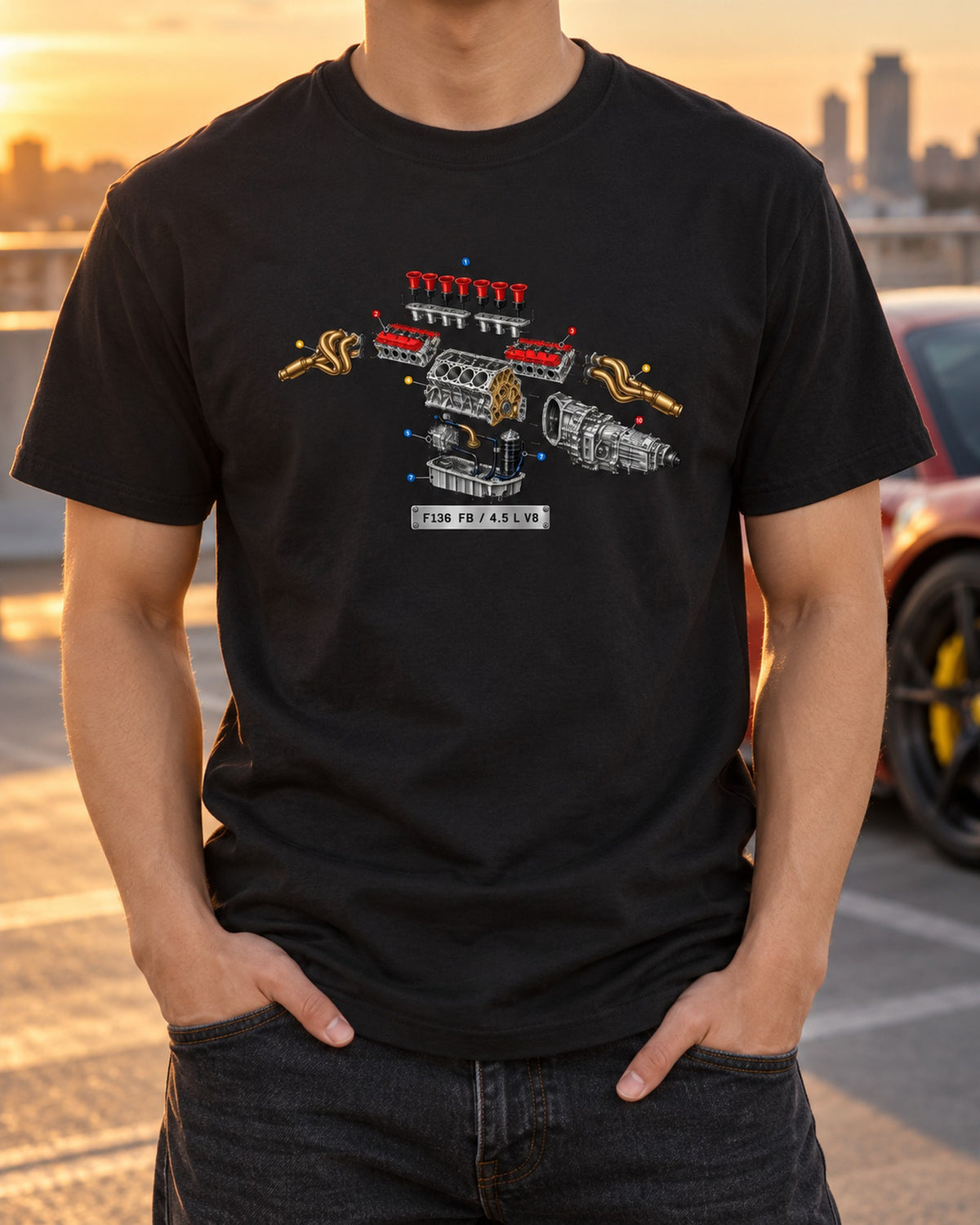 Ferrari 458 Italia F136 FB V8 Exploded View Shirt T-Shirt Black worn hero