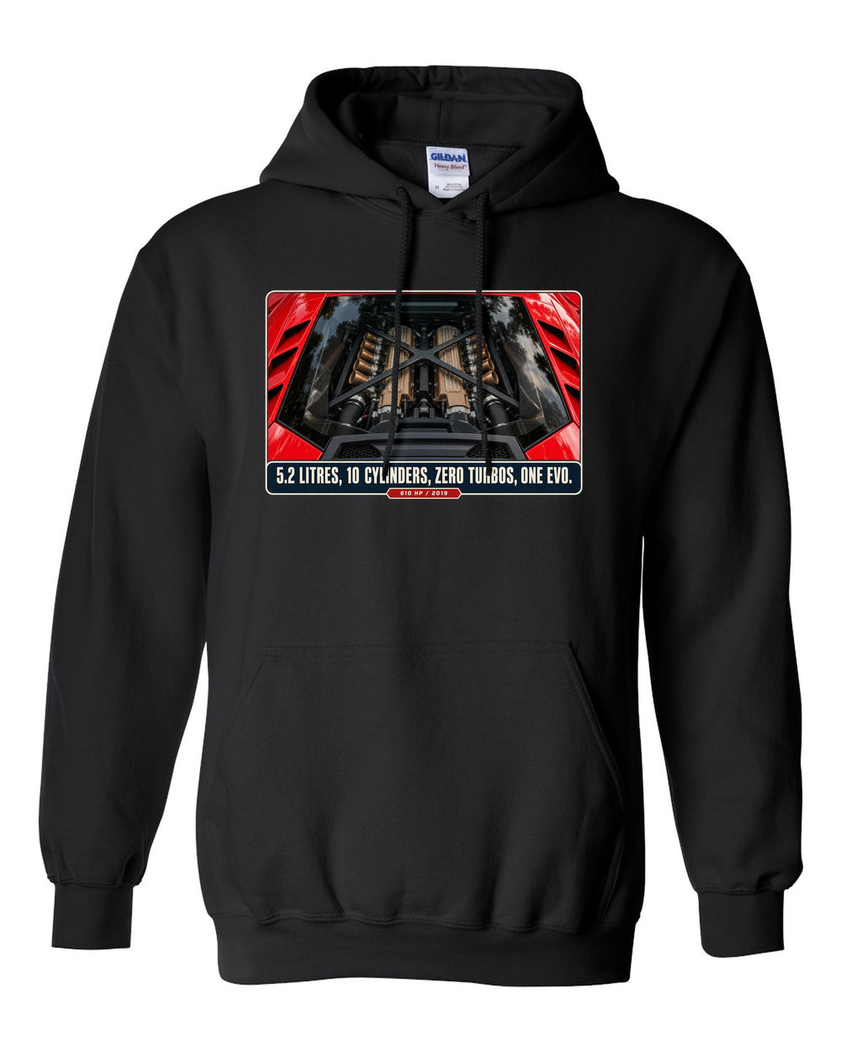 Engine hero print of the Lamborghini Huracan EVO V10 black pull over hoodie front view with the design