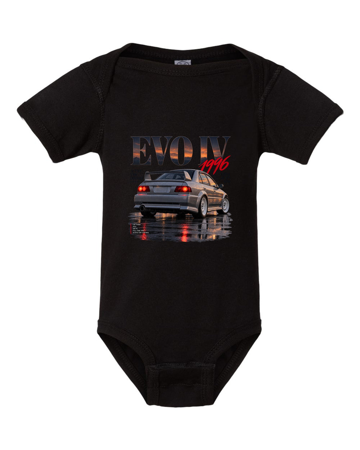 Editorial headline print for the Mitsubishi Lancer Evolution IV CN9A reading Active Yaw Control, first of its kind, 1996 black baby onesie front view with the design