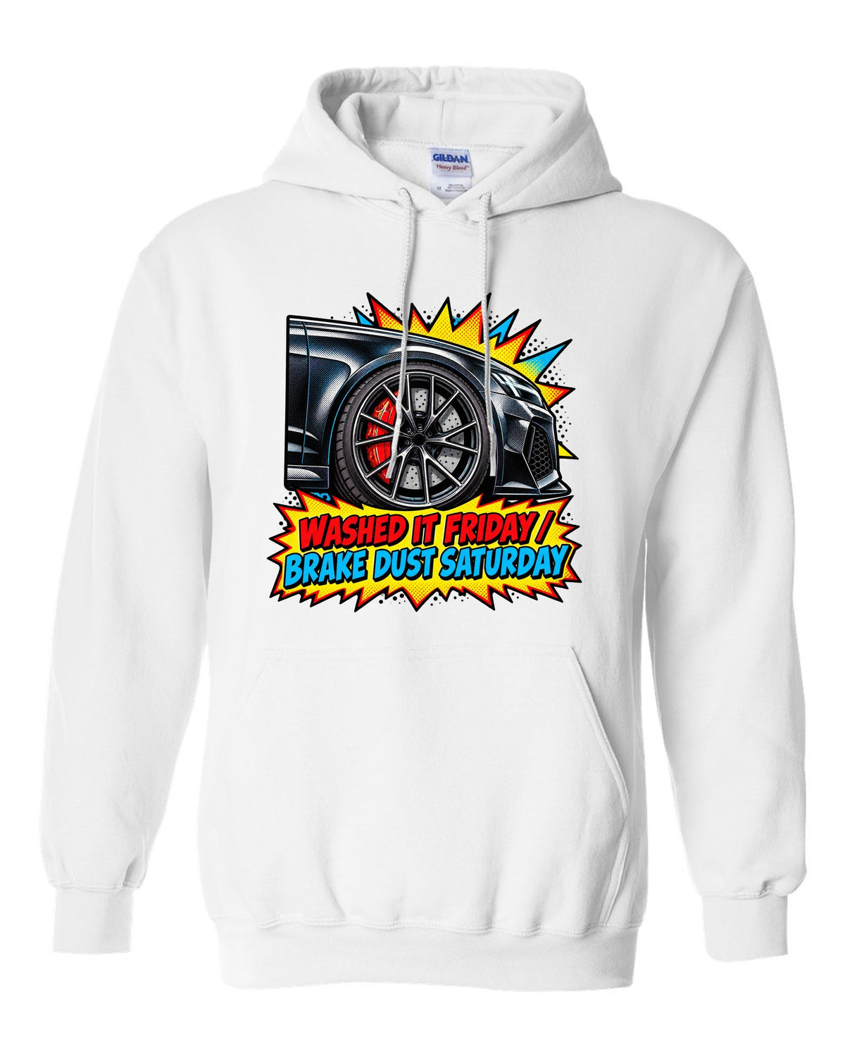 Comic halftone pop-art design of the Audi RS6 Avant C8 with washed it Friday brake dust Saturday lettering white pull over hoodie front view with the design