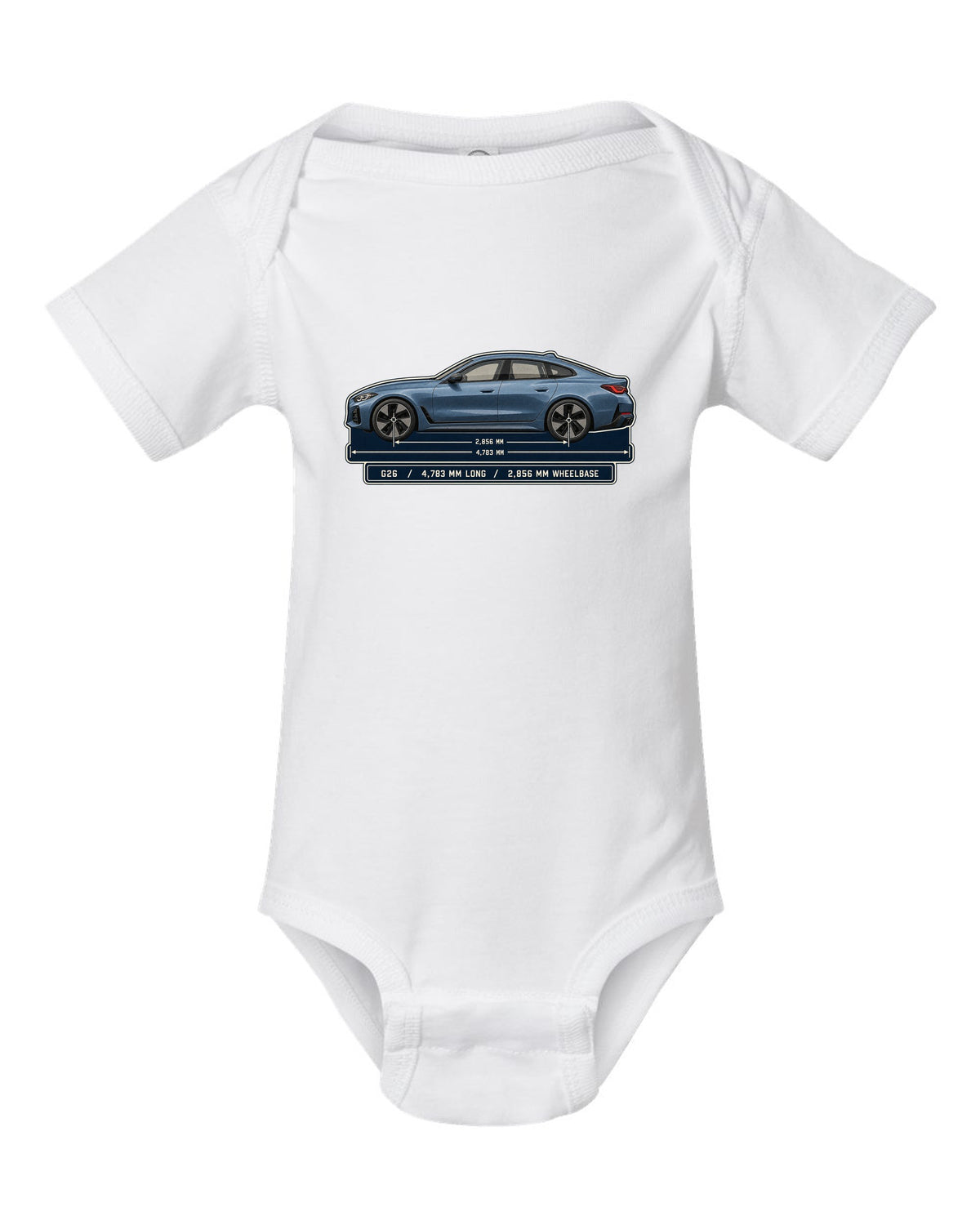 Dimension blueprint print of the BMW i4 M50 G26 Gran Coupe white baby onesie front view with the design