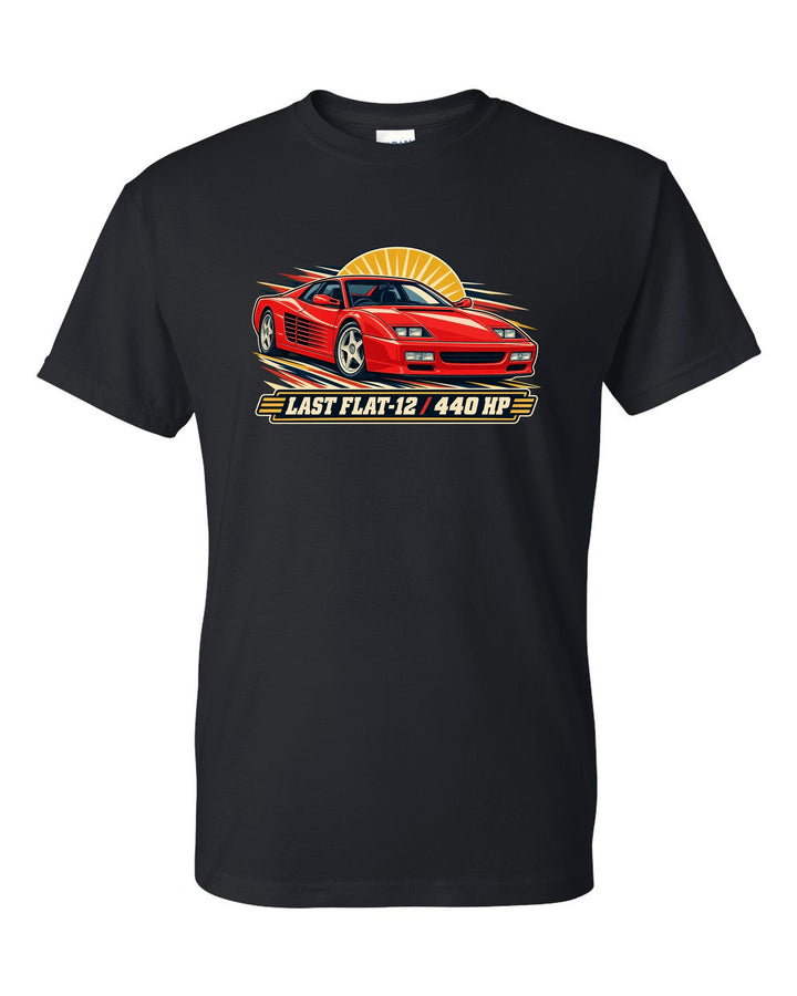 Retro race programme illustration print of the Ferrari F512 M with the text last flat-12, 440 HP black t-shirt front view with the design