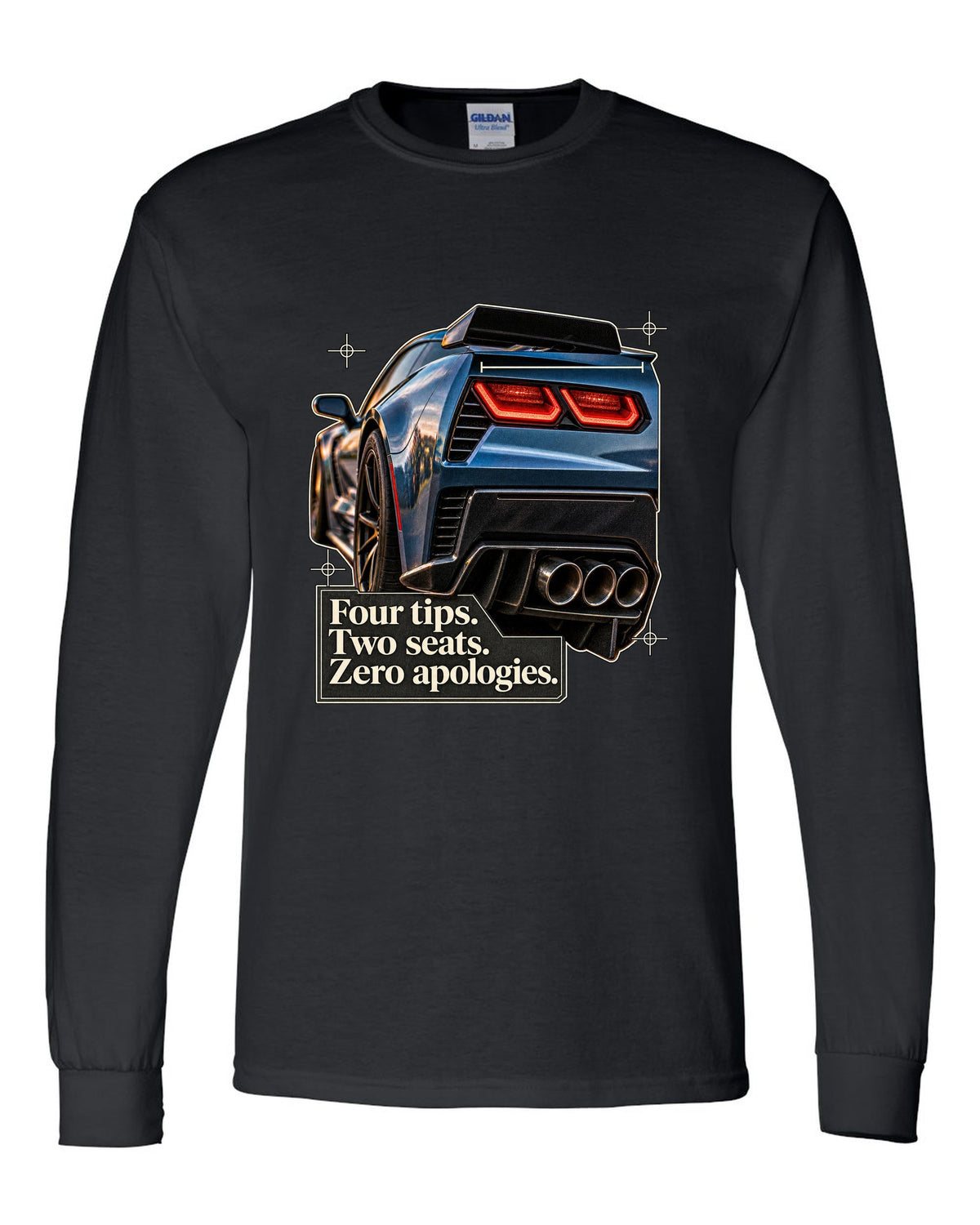 print of a Chevrolet Corvette C7 Z06 rear tail macro with four exhaust tips text black long sleeve front view with the design