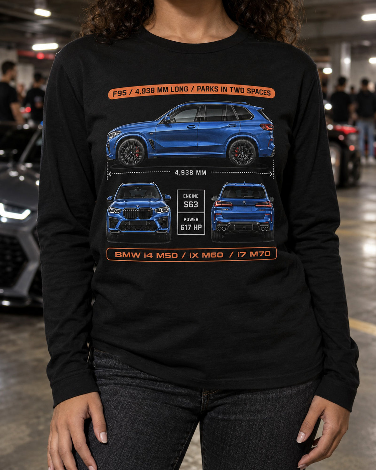 BMW X5 M Competition F95 Blueprint Tee, Car Enthusiast Gift Long Sleeve Black worn hero