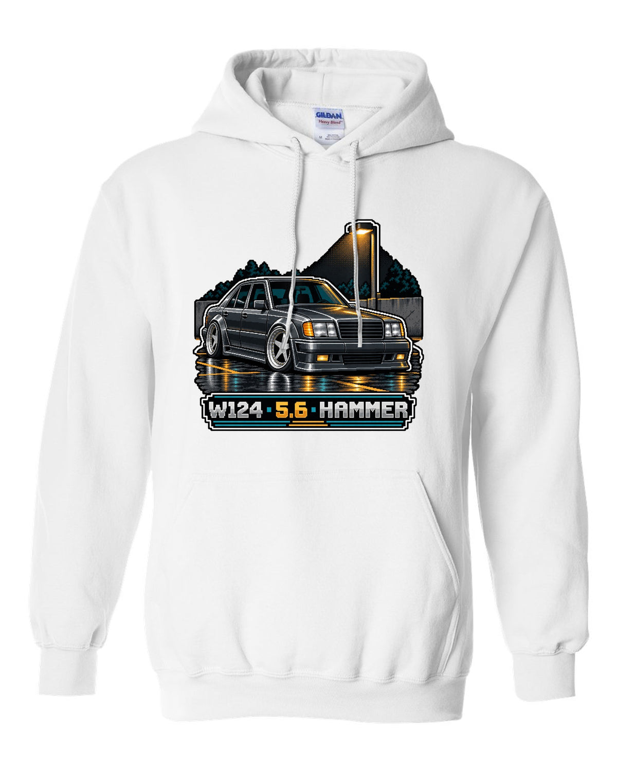 Pixel art Mercedes 300E 5.6 Hammer W124 parked in a car park white pull over hoodie front view with the design