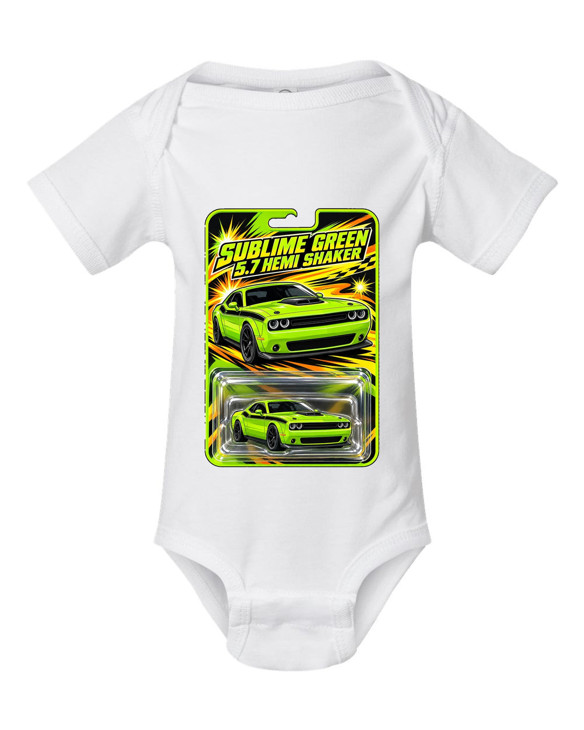 Blister toy card print of a 2015 Dodge Challenger R/T Shaker in Sublime Green white baby onesie front view with the design
