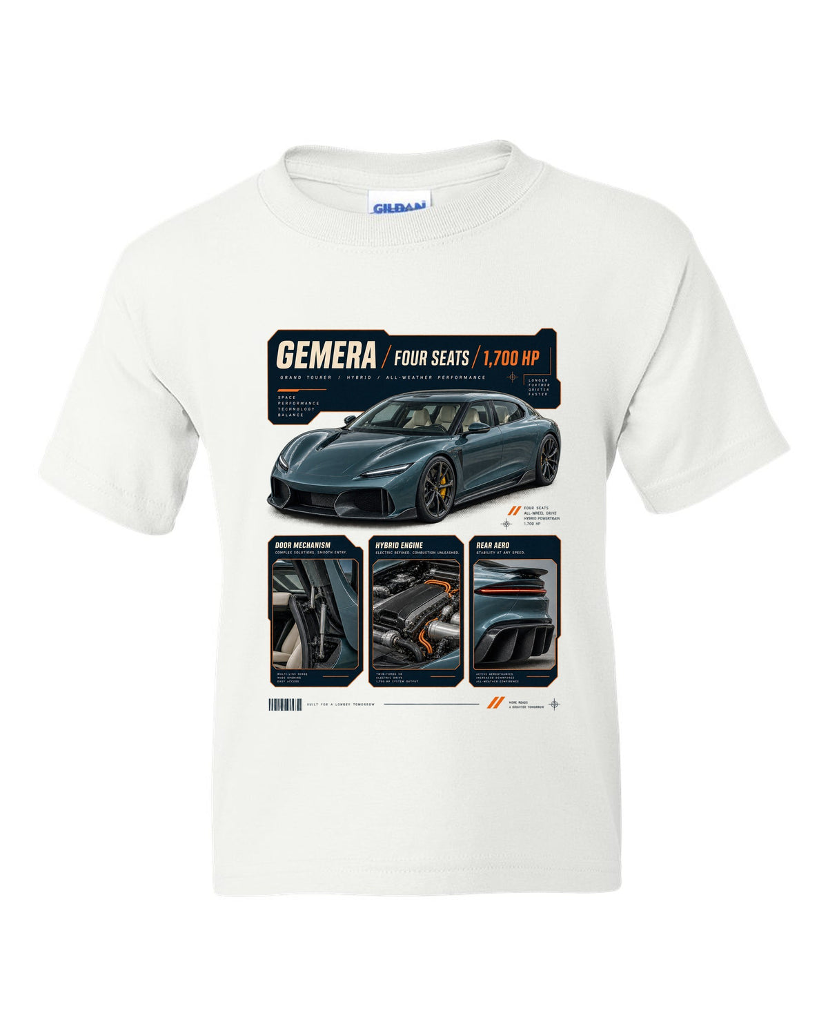 Dossier panel print of the Koenigsegg Gemera with the text Gemera, Mega-GT, four seats, 2020 reveal white kids tee front view with the design