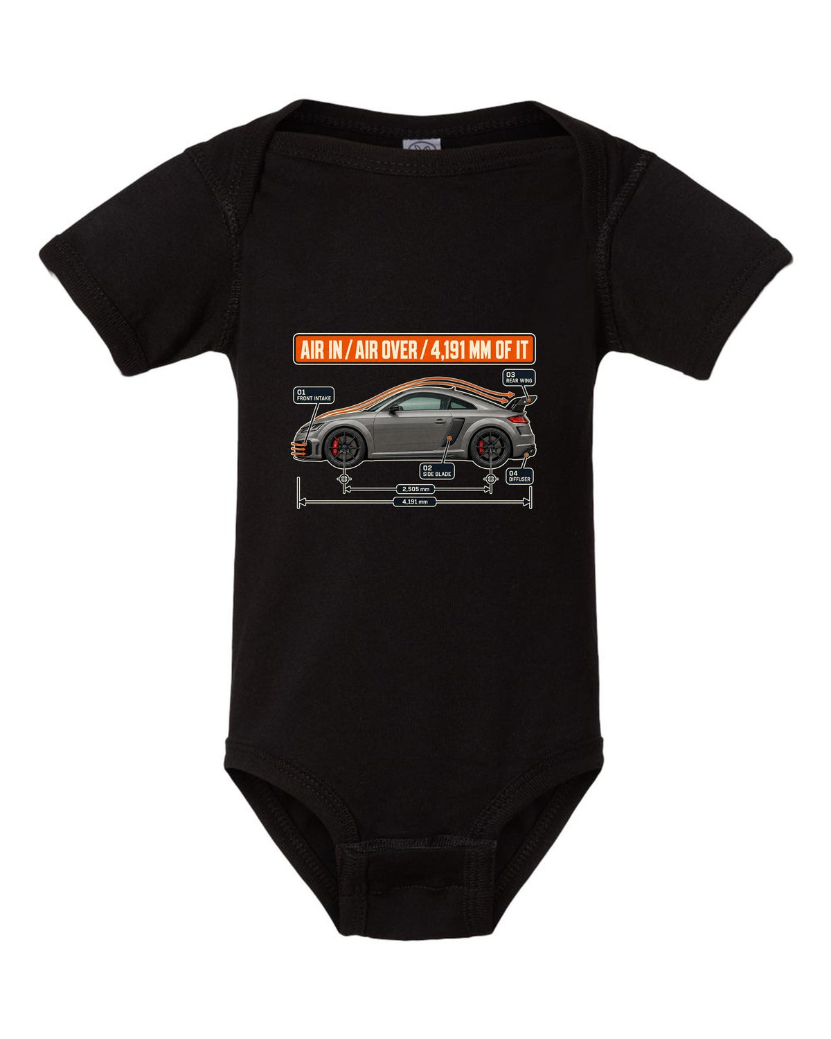 Audi TT RS facelift aero cutaway diagram with airflow callouts print black baby onesie front view with the design