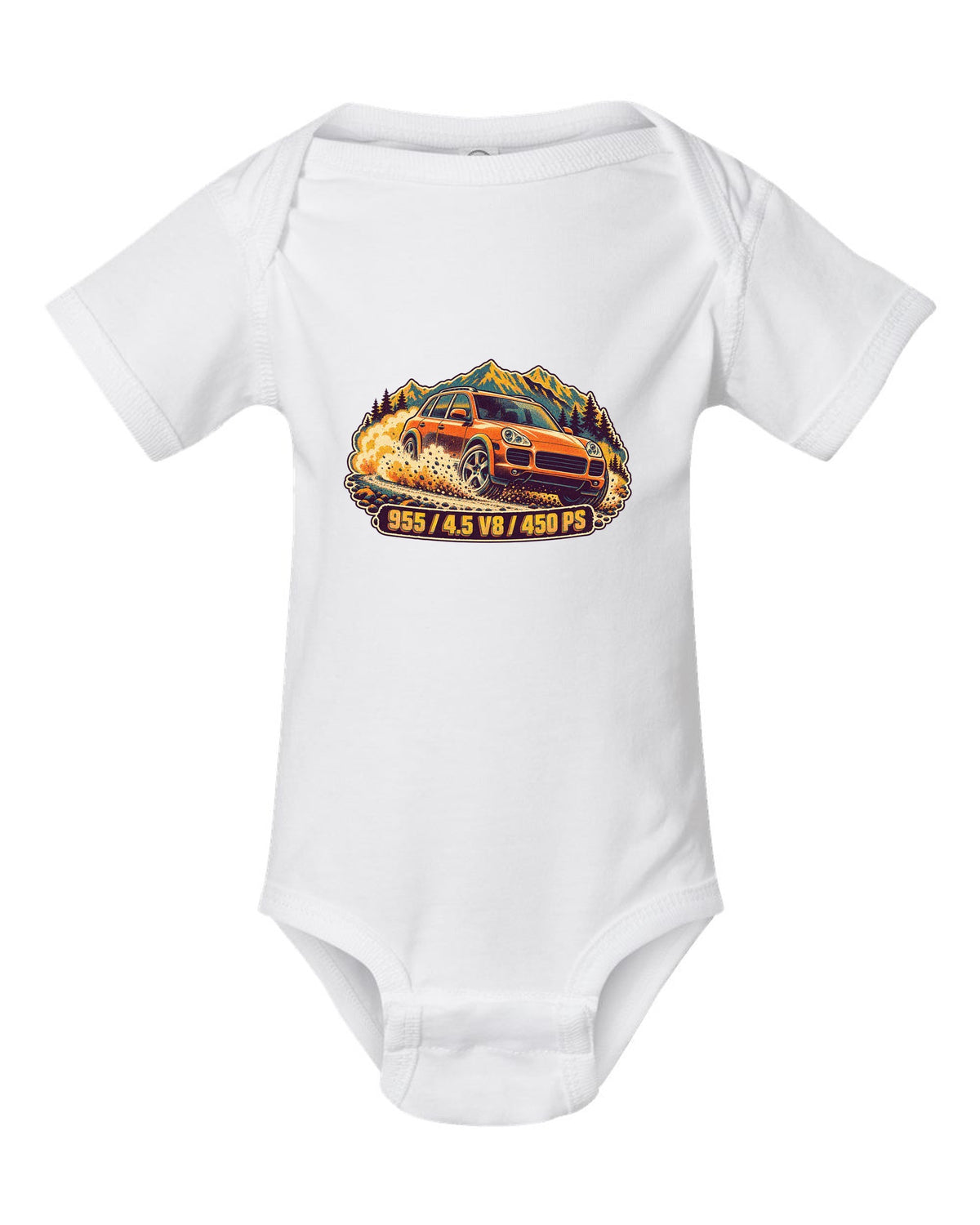 Retro manga halftone print of a Porsche Boxster Spyder 981 taillight with the text 981, 3.8 and 375 PS white baby onesie front view with the design