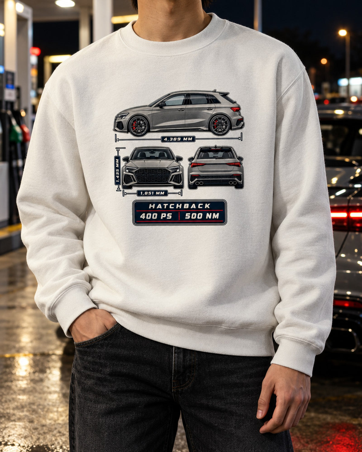 Audi RS3 8Y Sportback Three-View Spec Table Car Shirt Crewneck White worn hero