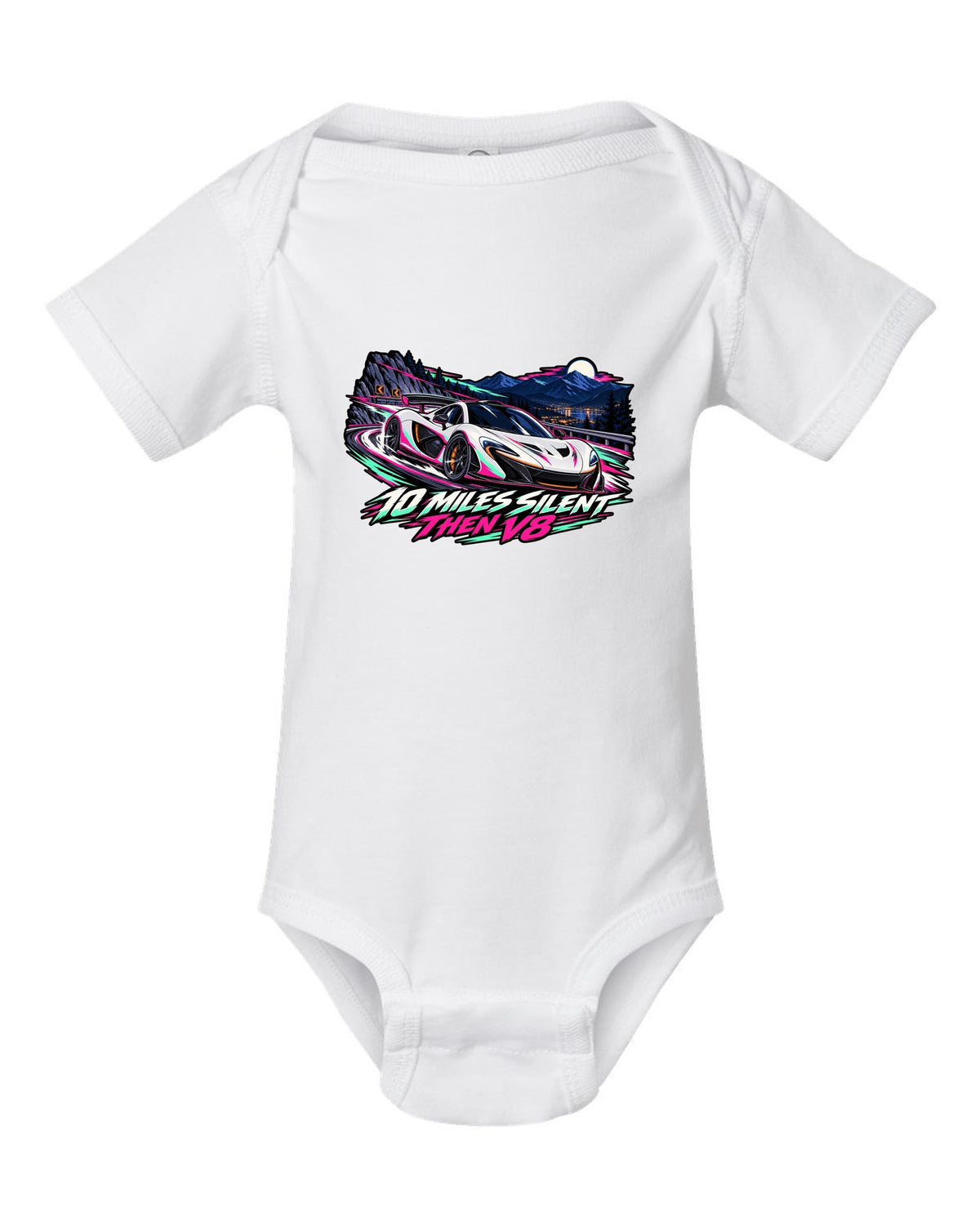 Cel-shaded anime night touge print of a McLaren P1 with 10 Miles Silent Then V8 lettering white baby onesie front view with the design