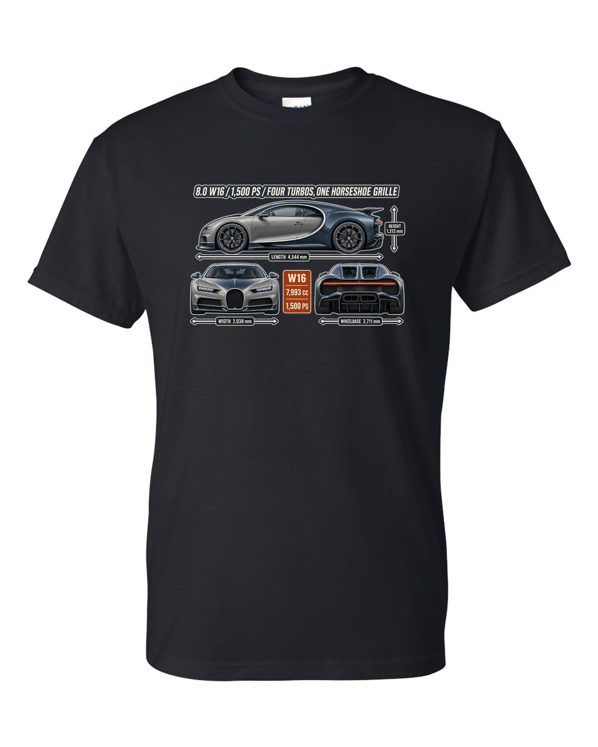 print three-view drawing with spec table of a Bugatti Chiron in slate blue black t-shirt front view with the design