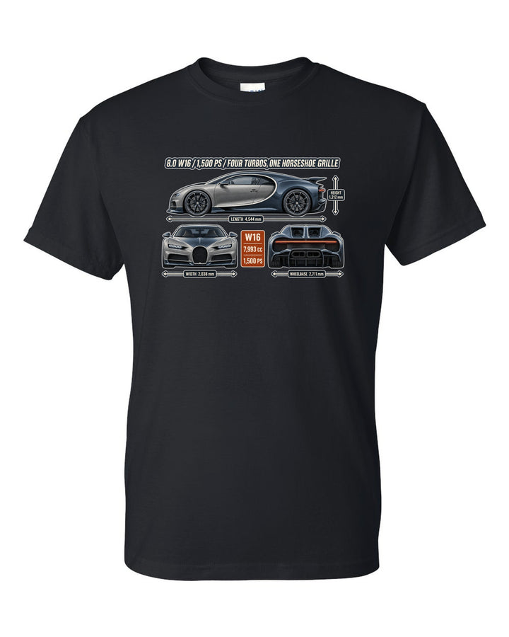 print three-view drawing with spec table of a Bugatti Chiron in slate blue black t-shirt front view with the design