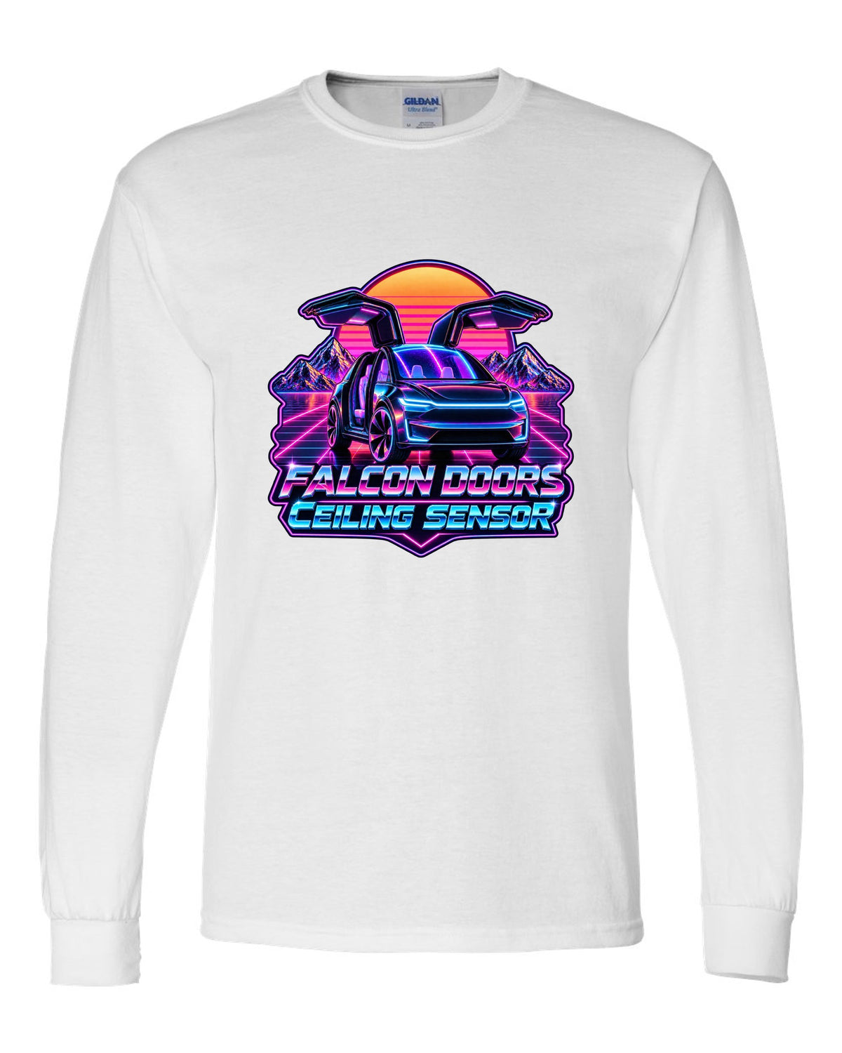 Synthwave outrun print of a Tesla Model X with falcon doors reading Falcon Doors Ceiling Sensor white long sleeve front view with the design