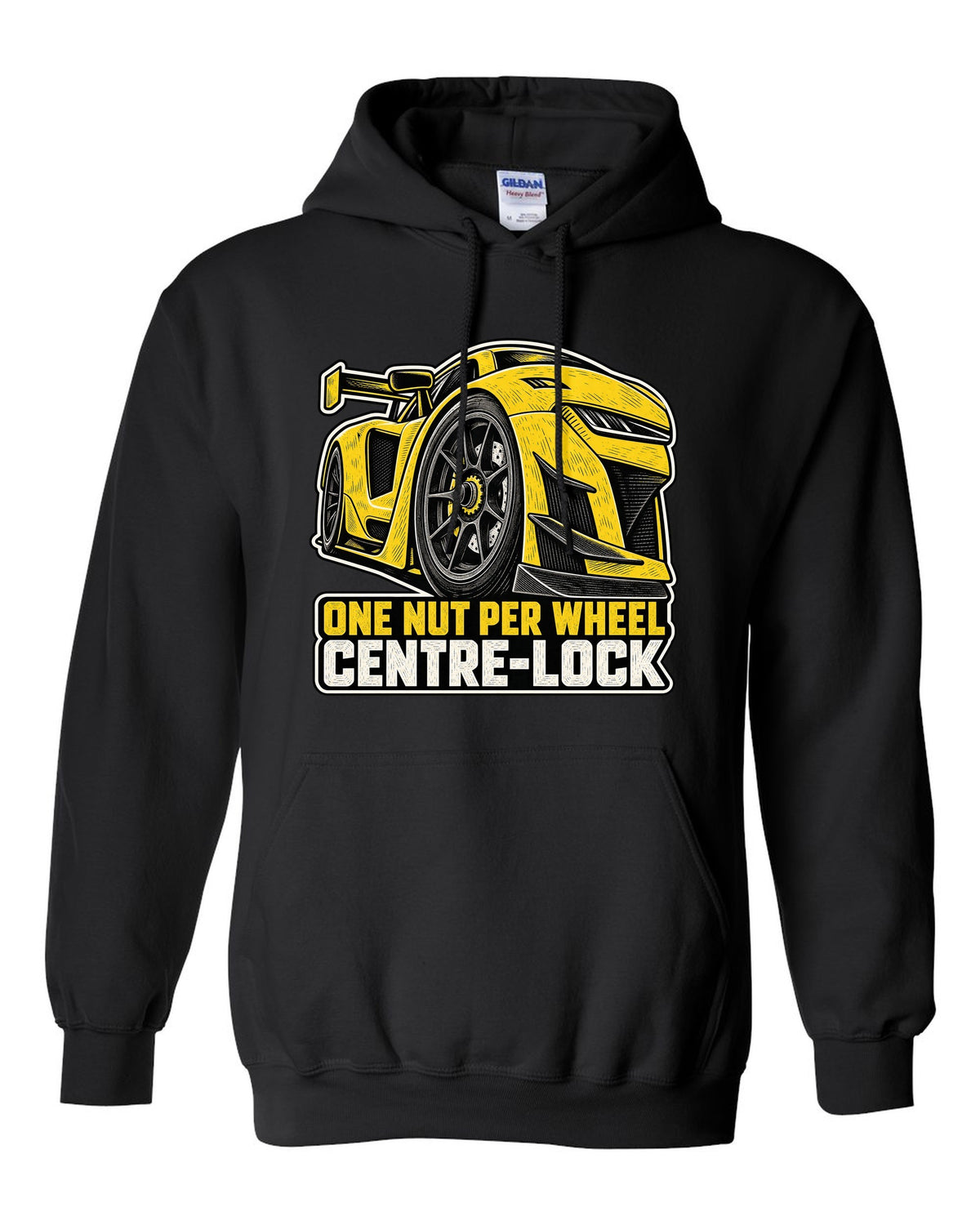 Risograph duotone design of a Corvette C8.R race car with large rear wing black pull over hoodie front view with the design