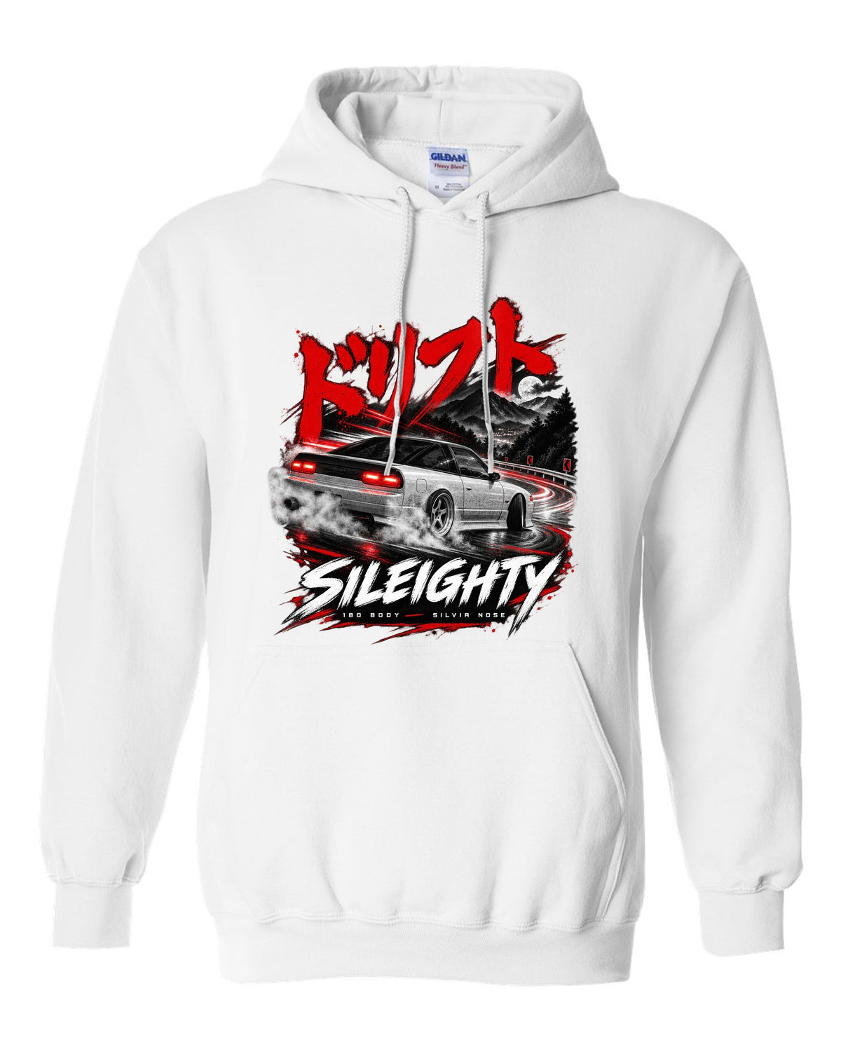 Touge night print of a Nissan Sileighty, 180SX body with Silvia nose white pull over hoodie front view with the design