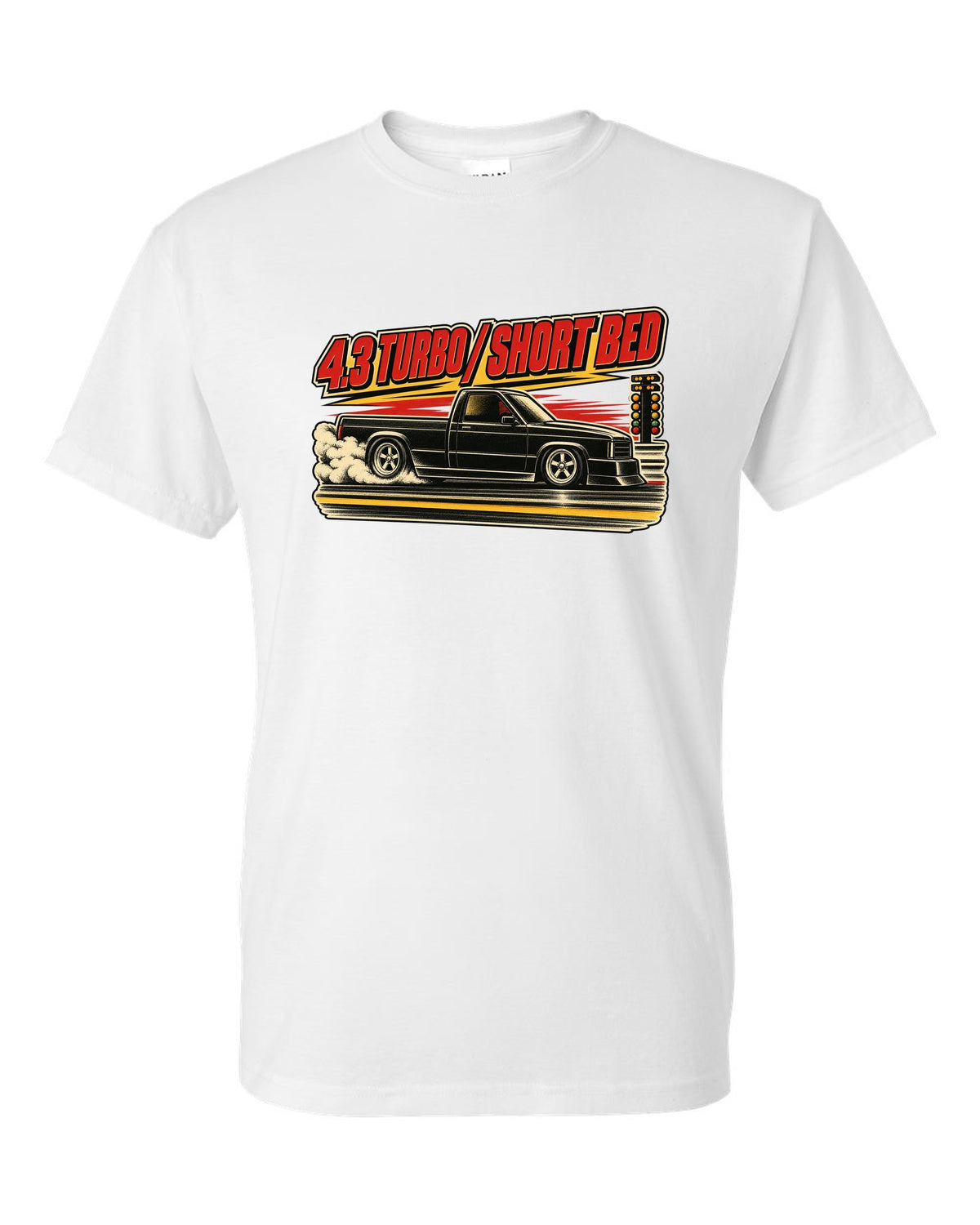 1960s lithograph drag race poster featuring a 1991 GMC Syclone with 4.3 TURBO / SHORT BED text white t-shirt front view with the design