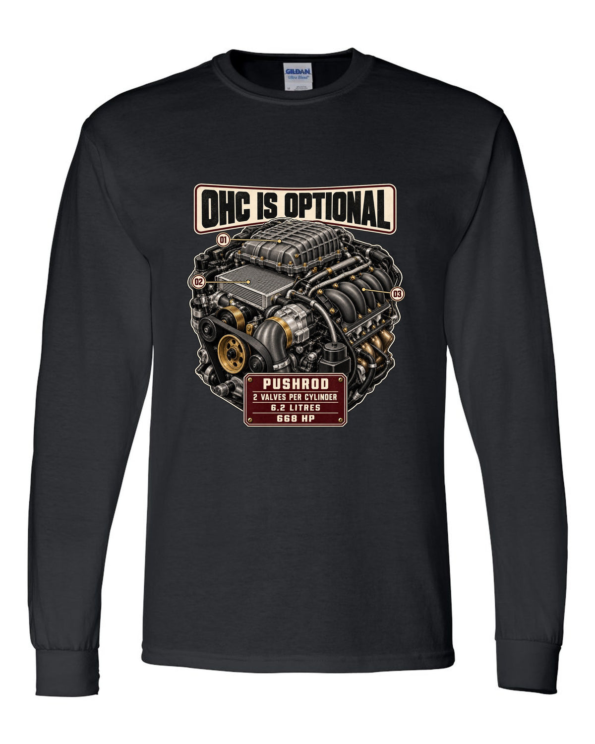 print of the Cadillac LT4 6.2L supercharged V8 engine from the CT5-V Blackwing black long sleeve front view with the design