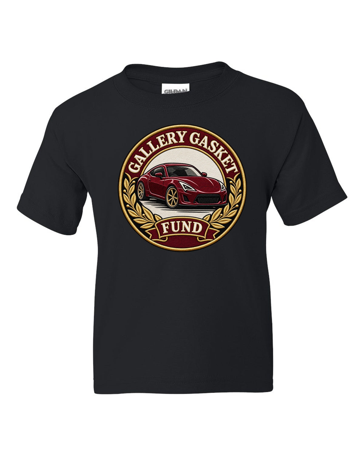 Round crest print for a Nissan 350Z Z33 with gallery gasket fund text black kids tee front view with the design