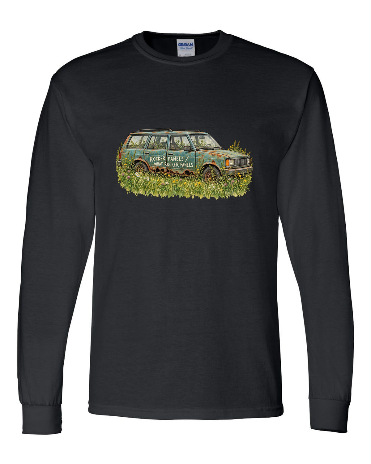 Watercolour print of a Jeep Cherokee XJ in a meadow with a rocker panel joke black long sleeve front view with the design