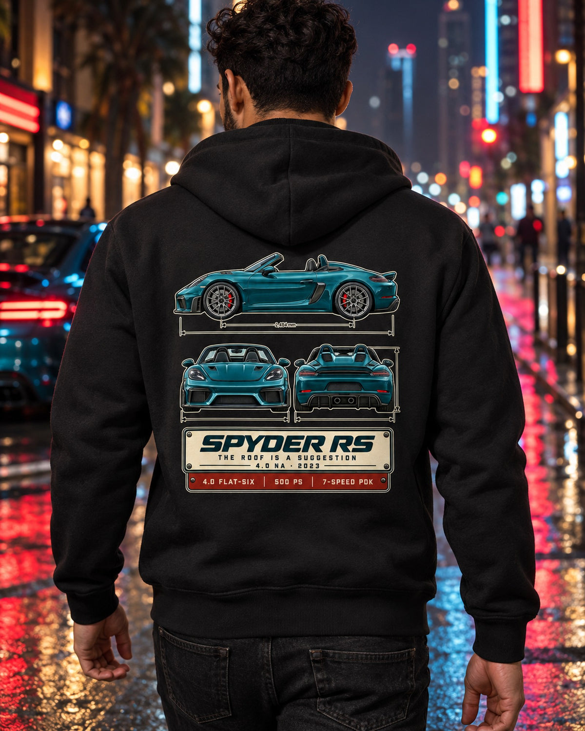 Porsche 718 Spyder RS 982 Three-View Spec Shirt, 4.0 NA Zip Hoodie Black worn hero