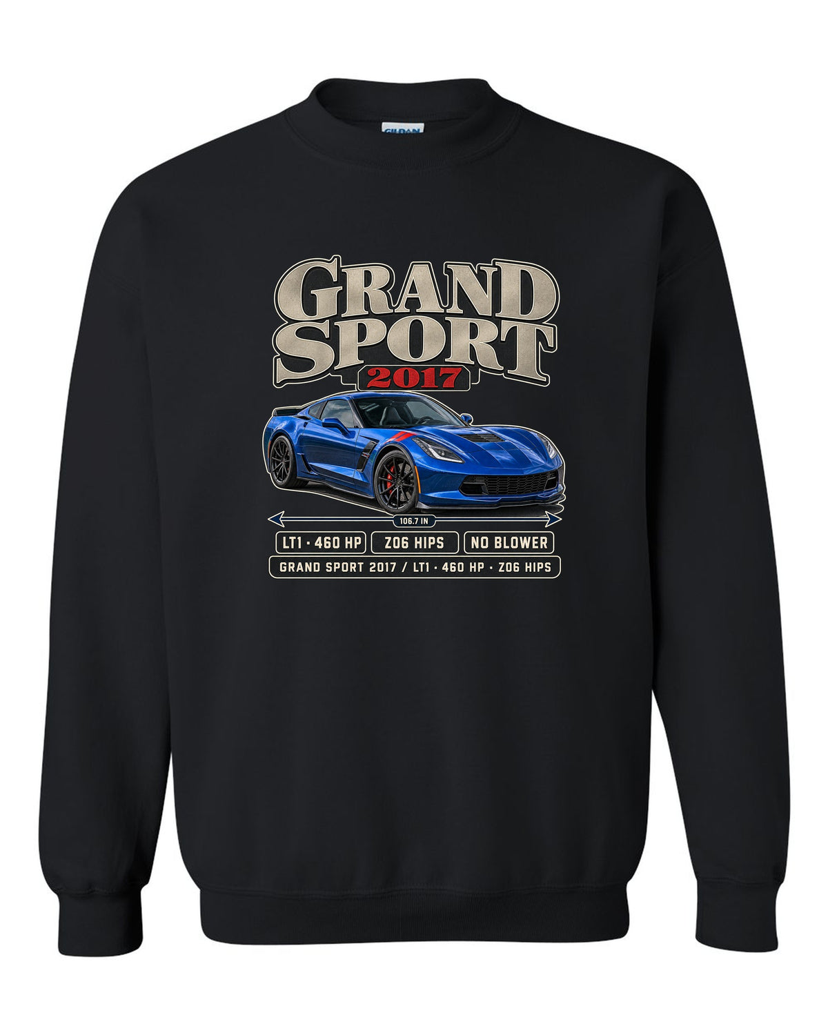 print of a Chevrolet Corvette C7 Grand Sport archive panel with LT1 and 460 HP text black crewneck front view with the design
