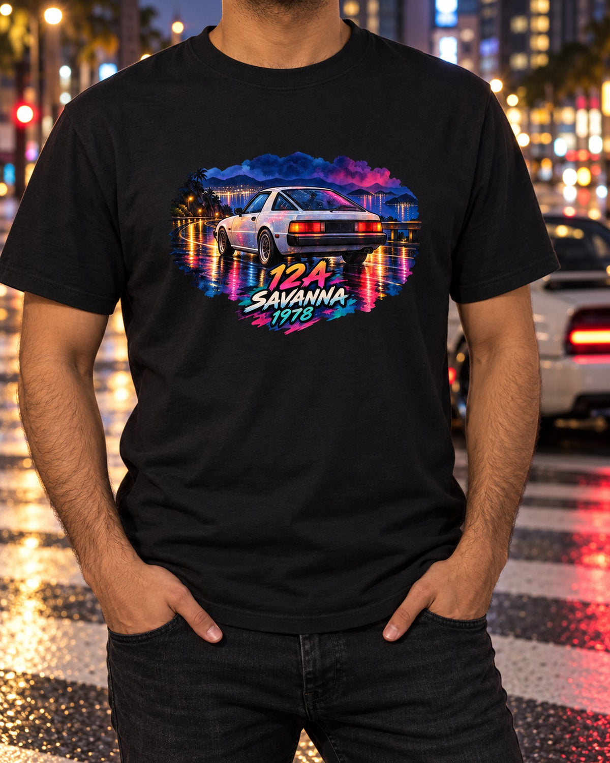Mazda Savanna RX-7 SA22C Rainy Night Watercolour Tee T-Shirt Black worn hero
