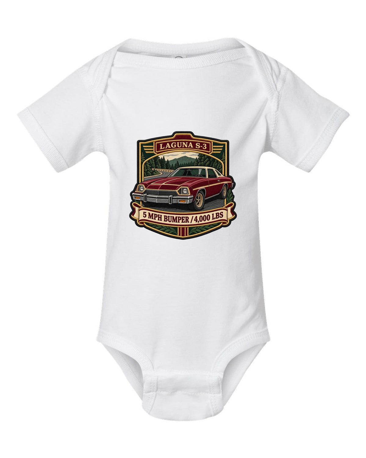 Embroidery patch style crest illustration of a 1973 Chevrolet Chevelle Laguna S-3 white baby onesie front view with the design
