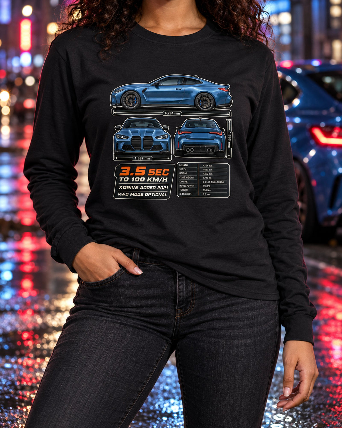 M4 Competition xDrive G82 Three-View Spec Tee, BMW Car Shirt Long Sleeve Black worn hero