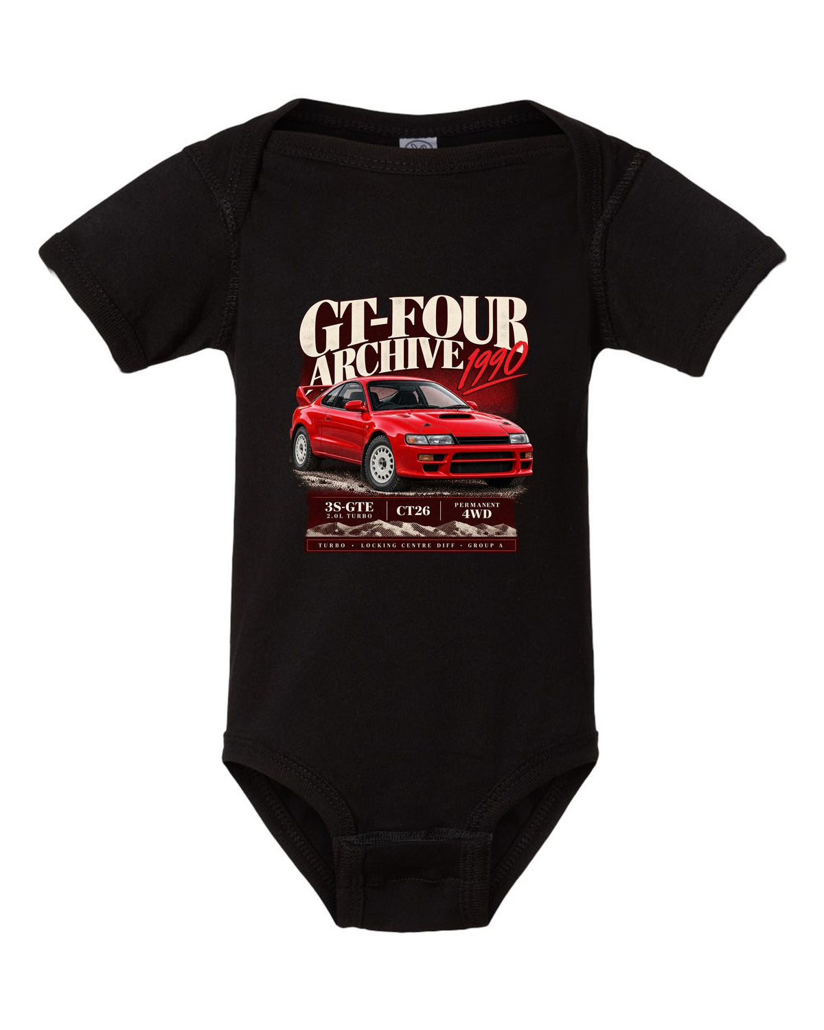 Archive panel print of a Toyota Celica GT-Four ST185 with 3S-GTE, CT26 and Group A text black baby onesie front view with the design