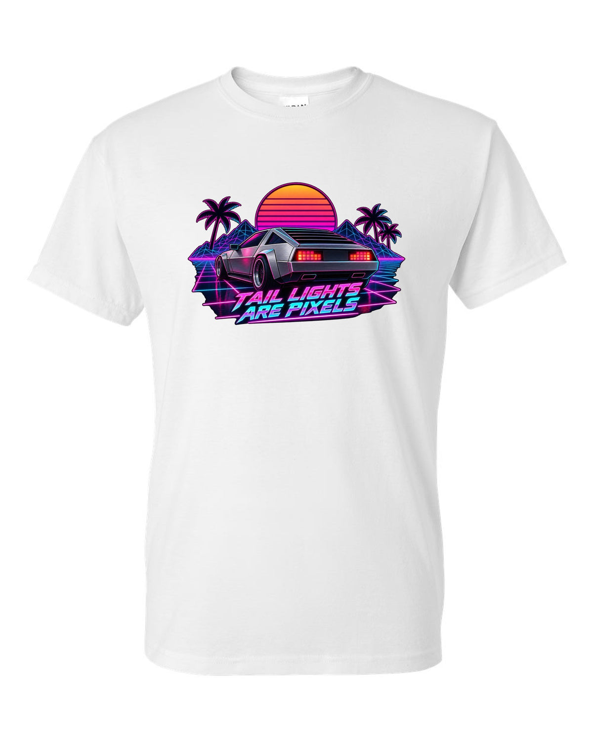 Synthwave outrun print of the Hyundai N Vision 74 concept with pixel tail lights text white t-shirt front view with the design