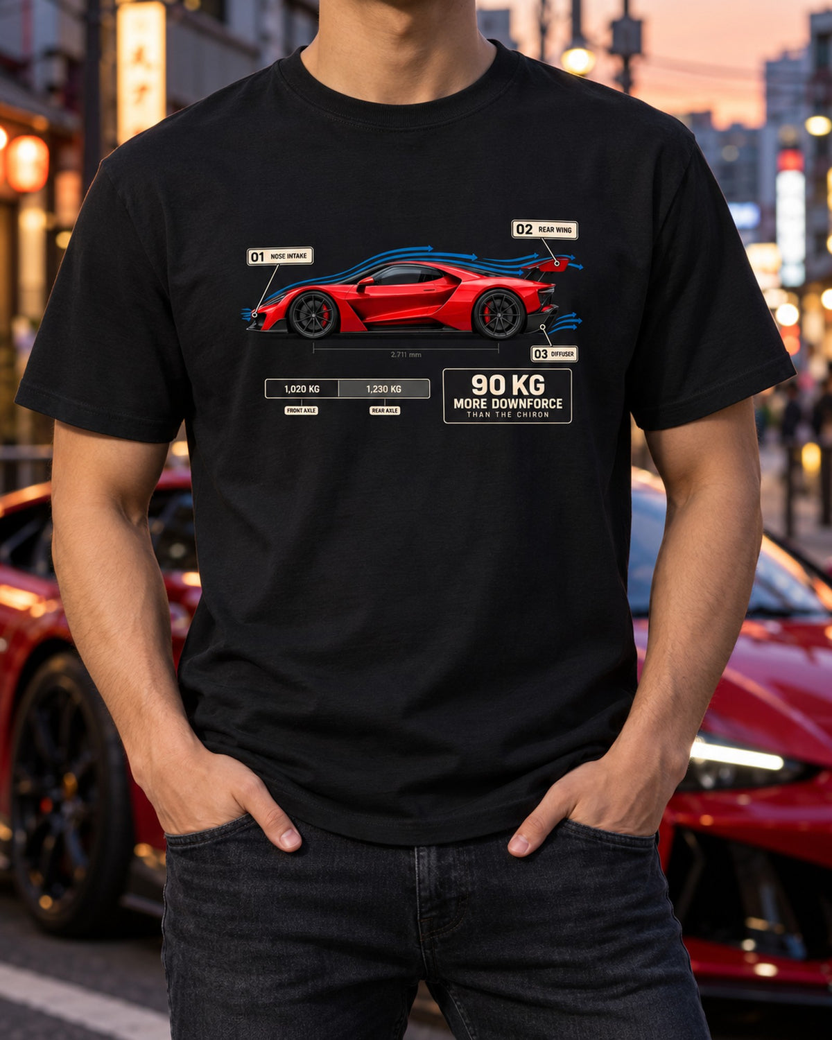 Bugatti Divo Aero Callouts Diagram Tee, Extra Downforce T-Shirt Black worn hero
