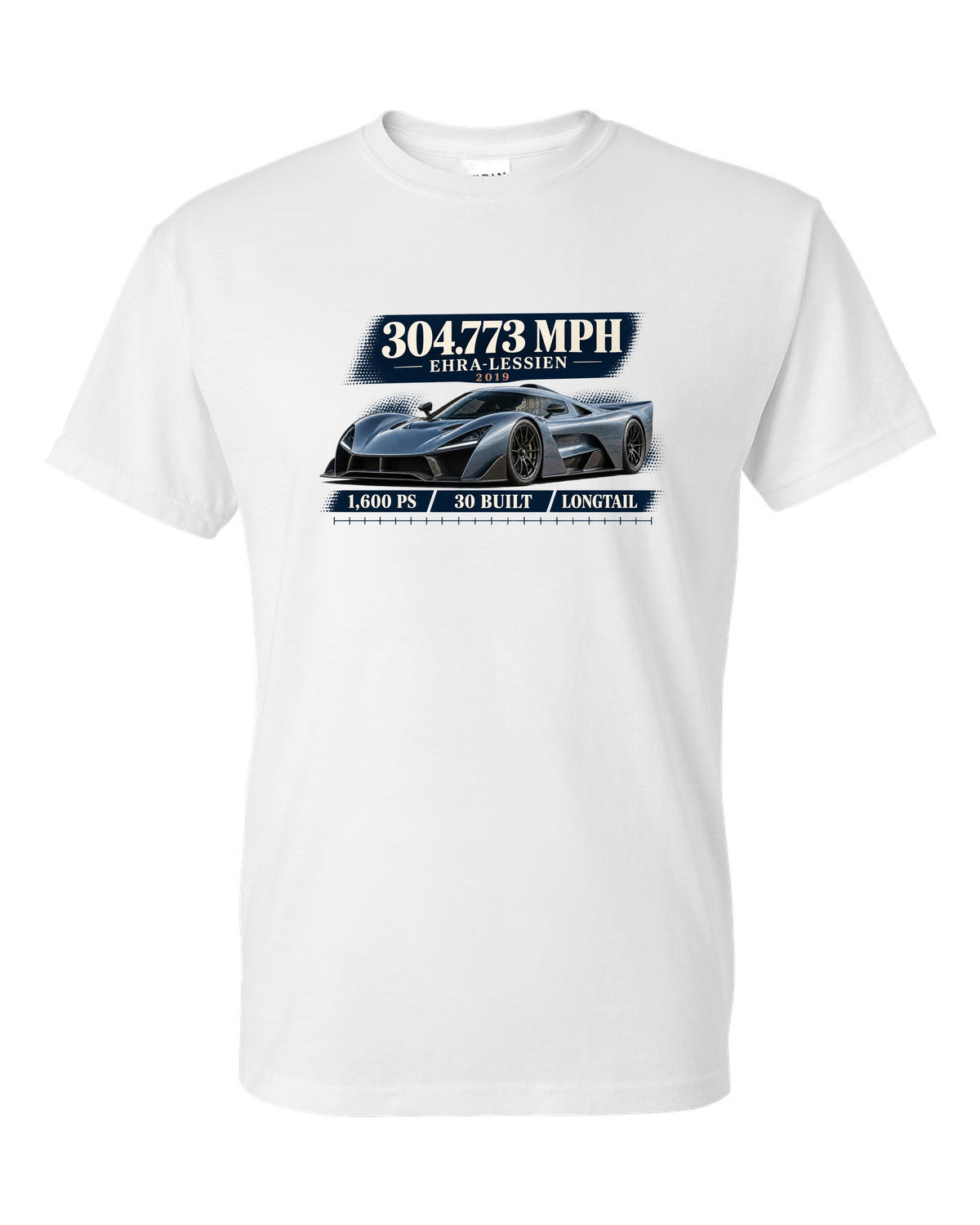 Bugatti Chiron Super Sport 300+ archive panel print with 304.773 mph record white t-shirt front view with the design