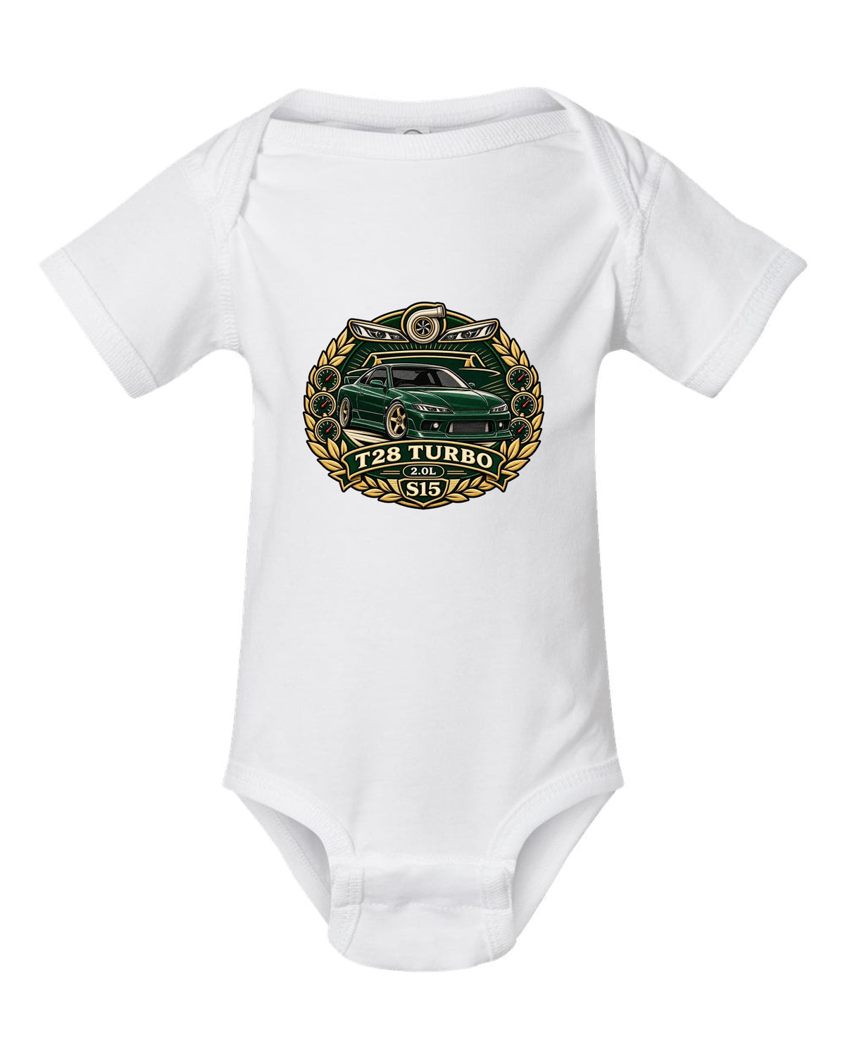 Round crest print for the Nissan Silvia S15 with turbo 2.0L engine lettering white baby onesie front view with the design