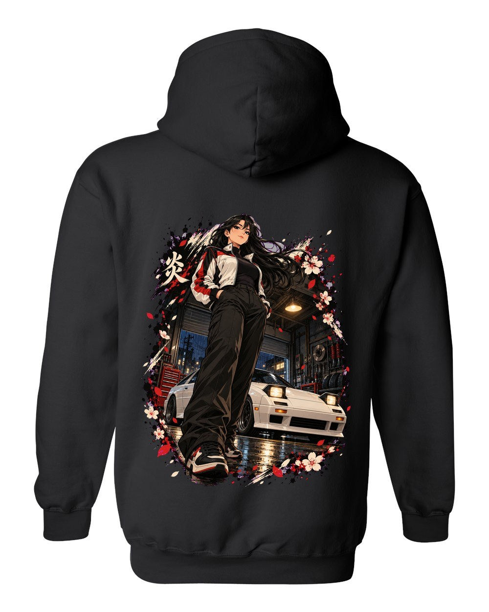 Mazda RX-7 FC Anime Girl Pull Over Hoodie Black back