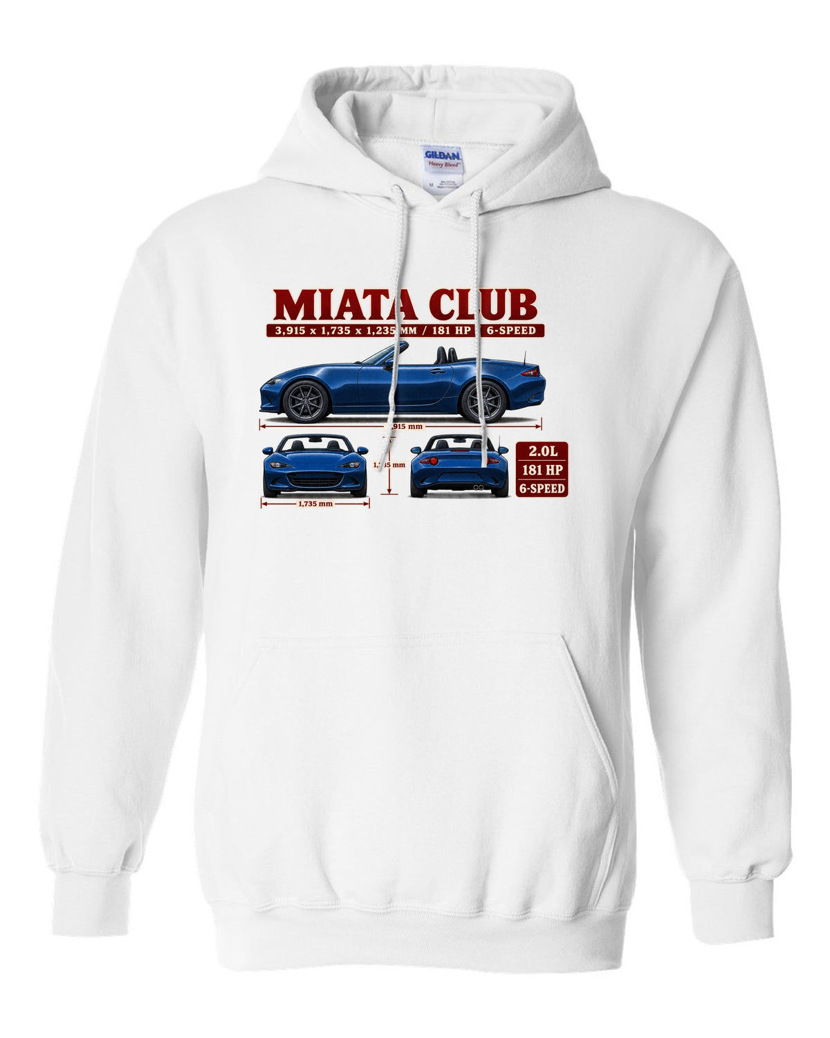 Three-view drawing and spec table of a 2019 Mazda MX-5 ND Club in Eternal Blue white pull over hoodie front view with the design