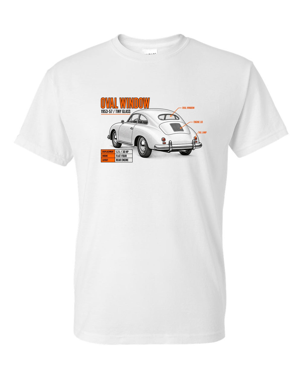 Spec poster print of a VW Beetle oval-window rear three-quarter with 1953-57 text white t-shirt front view with the design