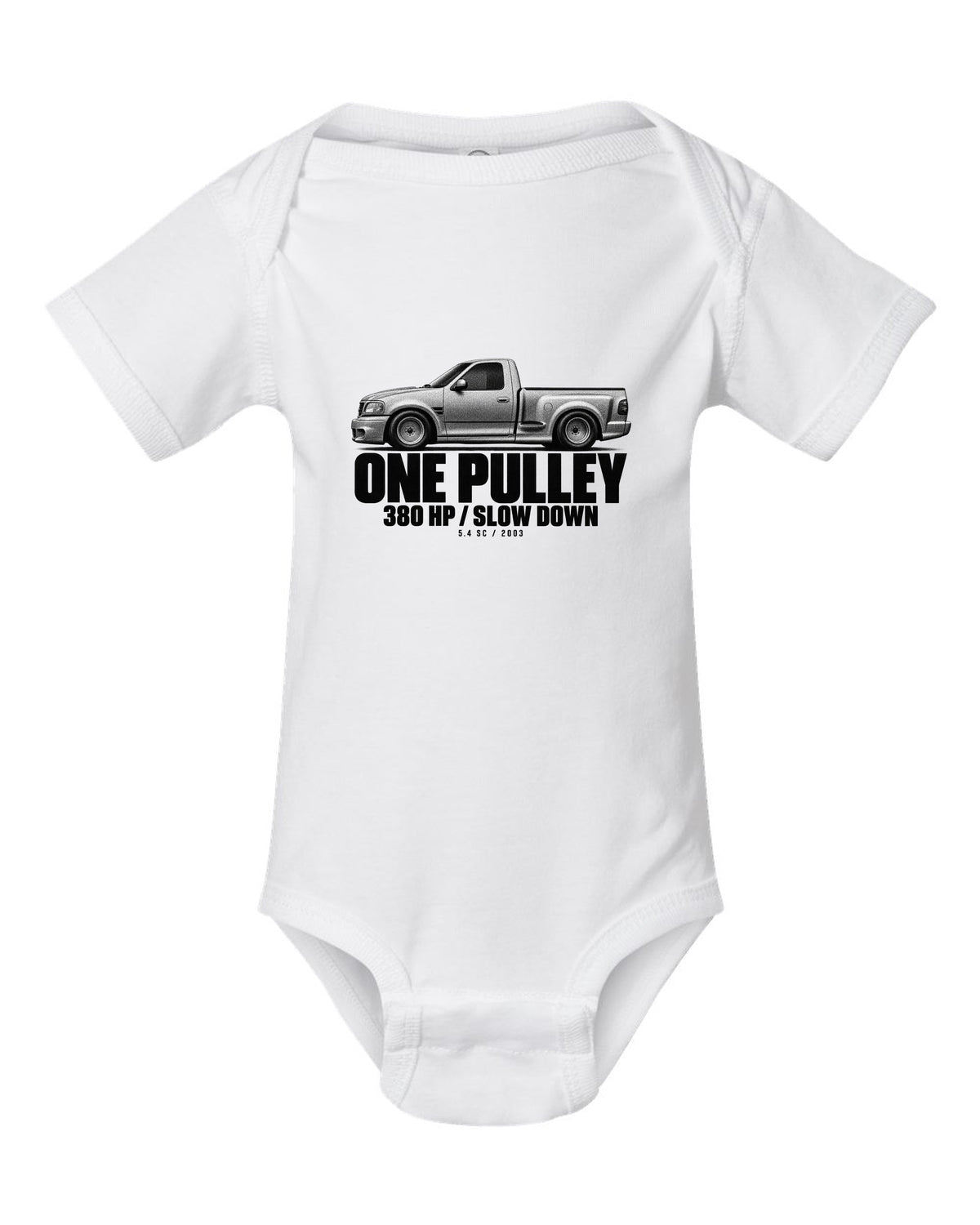 Halftone print of a 2002-03 Ford F-150 SVT Lightning with 380 HP text white baby onesie front view with the design