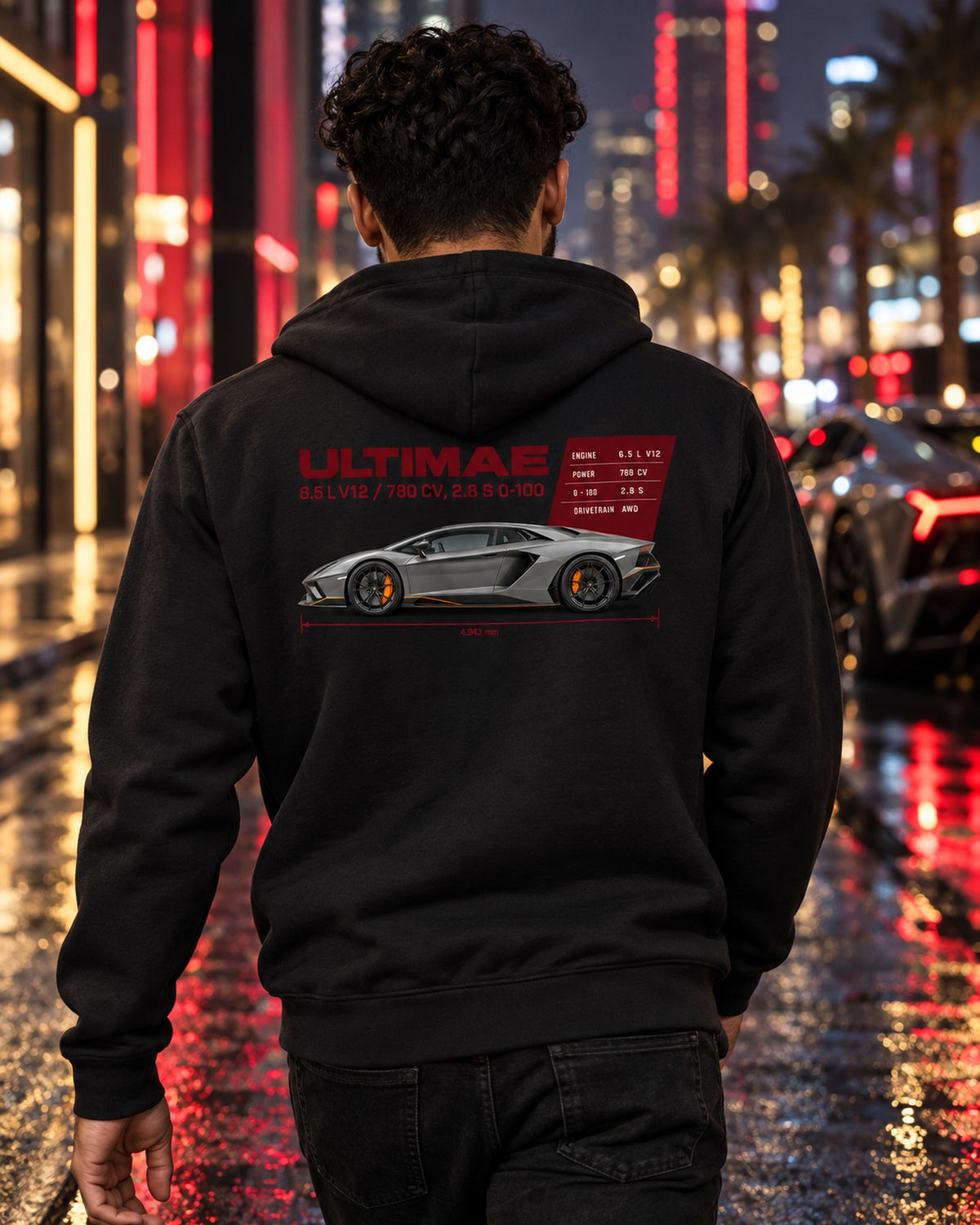 Lamborghini Aventador Ultimae Spec Poster Tee, V12 Fan Zip Hoodie Black worn hero
